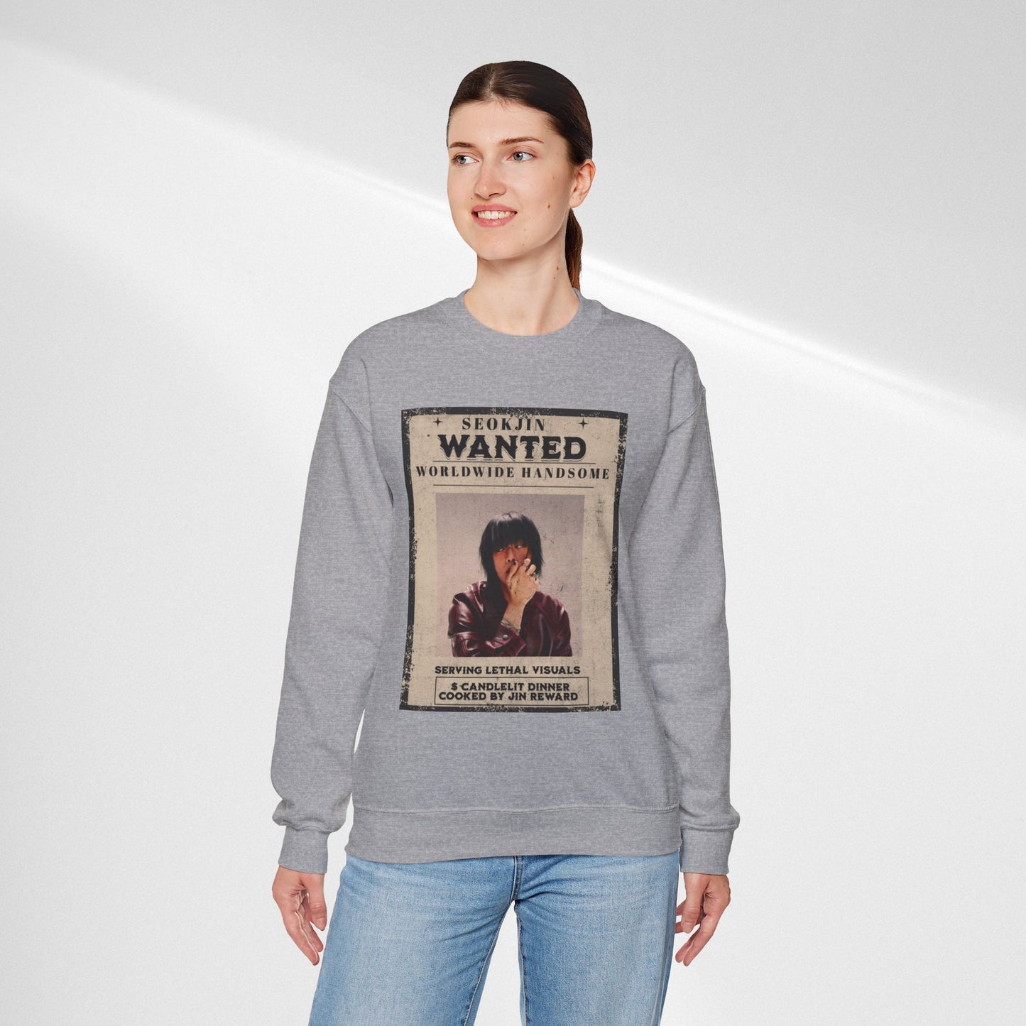Wanted Poster Crewneck Sweatshirt — "Seokjin Wanted: Worldwide Handsome" Vintage K-pop Pullover