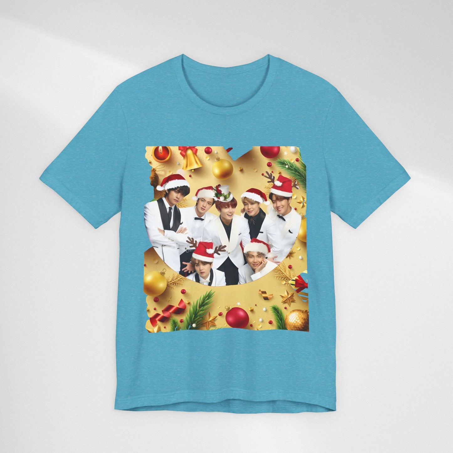Christmas BTS Photo T‑Shirt — Holiday Santa Hat Group Design