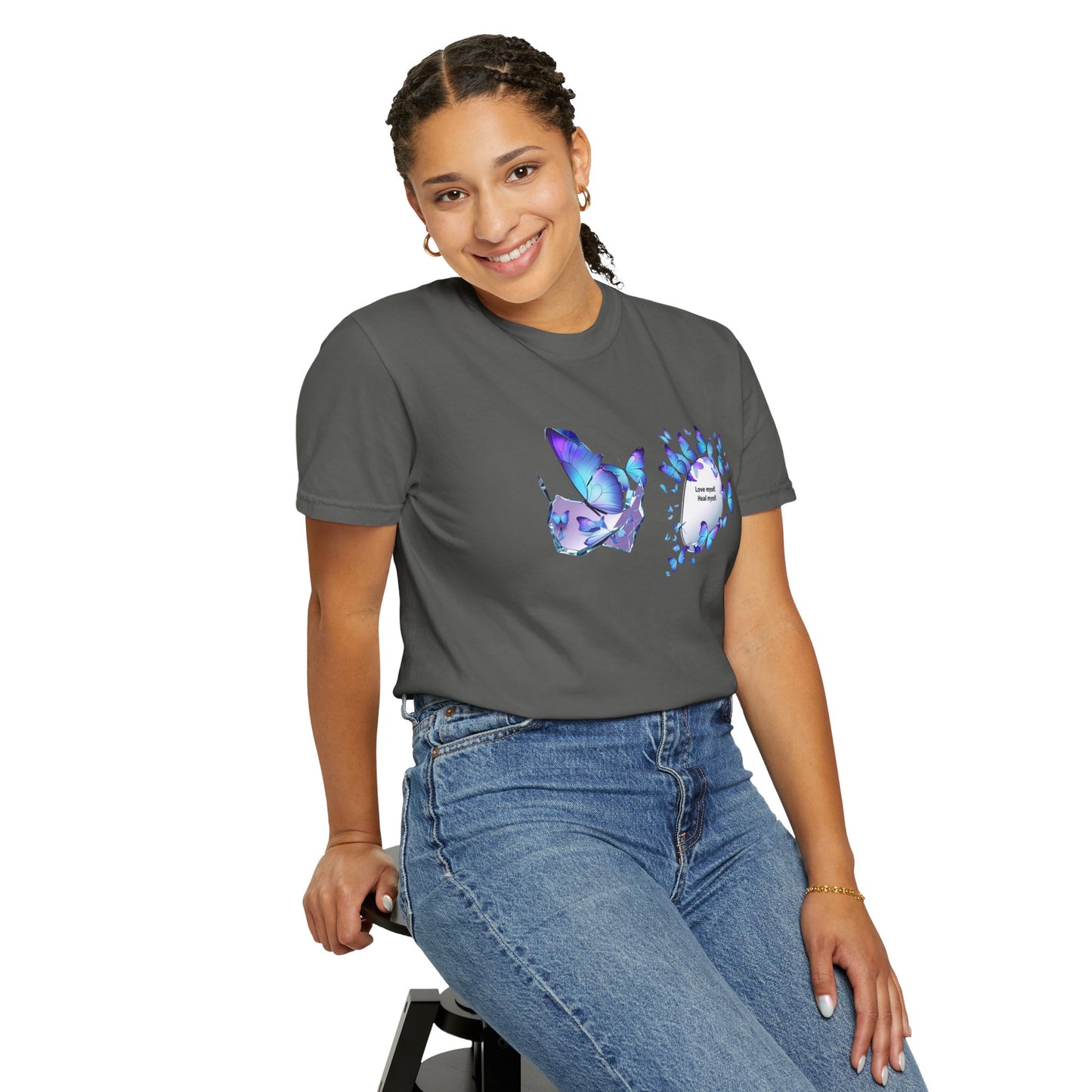 Butterfly Heart T-Shirt — Blue Watercolor Butterflies & "Everyone Deserves Love" Design