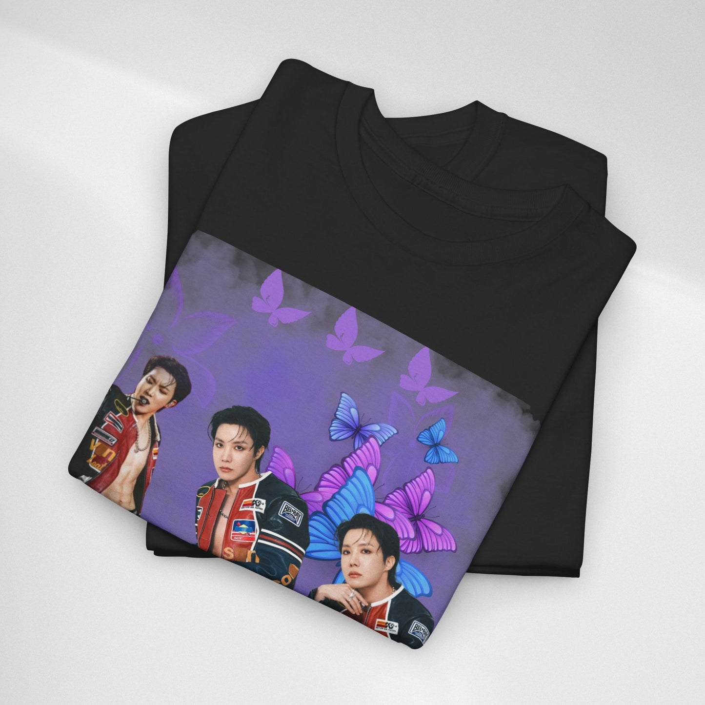 JHOPE Retro Pop Band Portrait Tee — Purple Butterfly Graphic T-Shirt