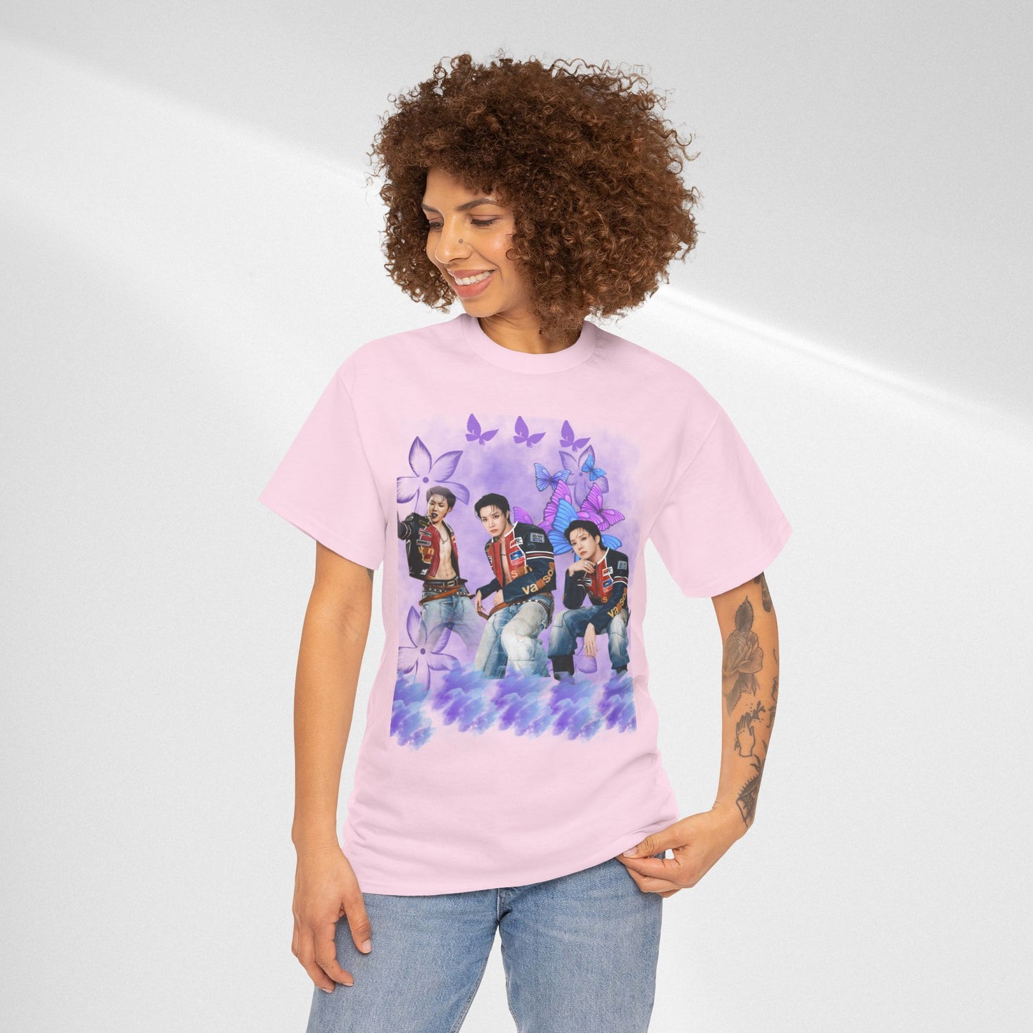 JHOPE Retro Pop Band Portrait Tee — Purple Butterfly Graphic T-Shirt