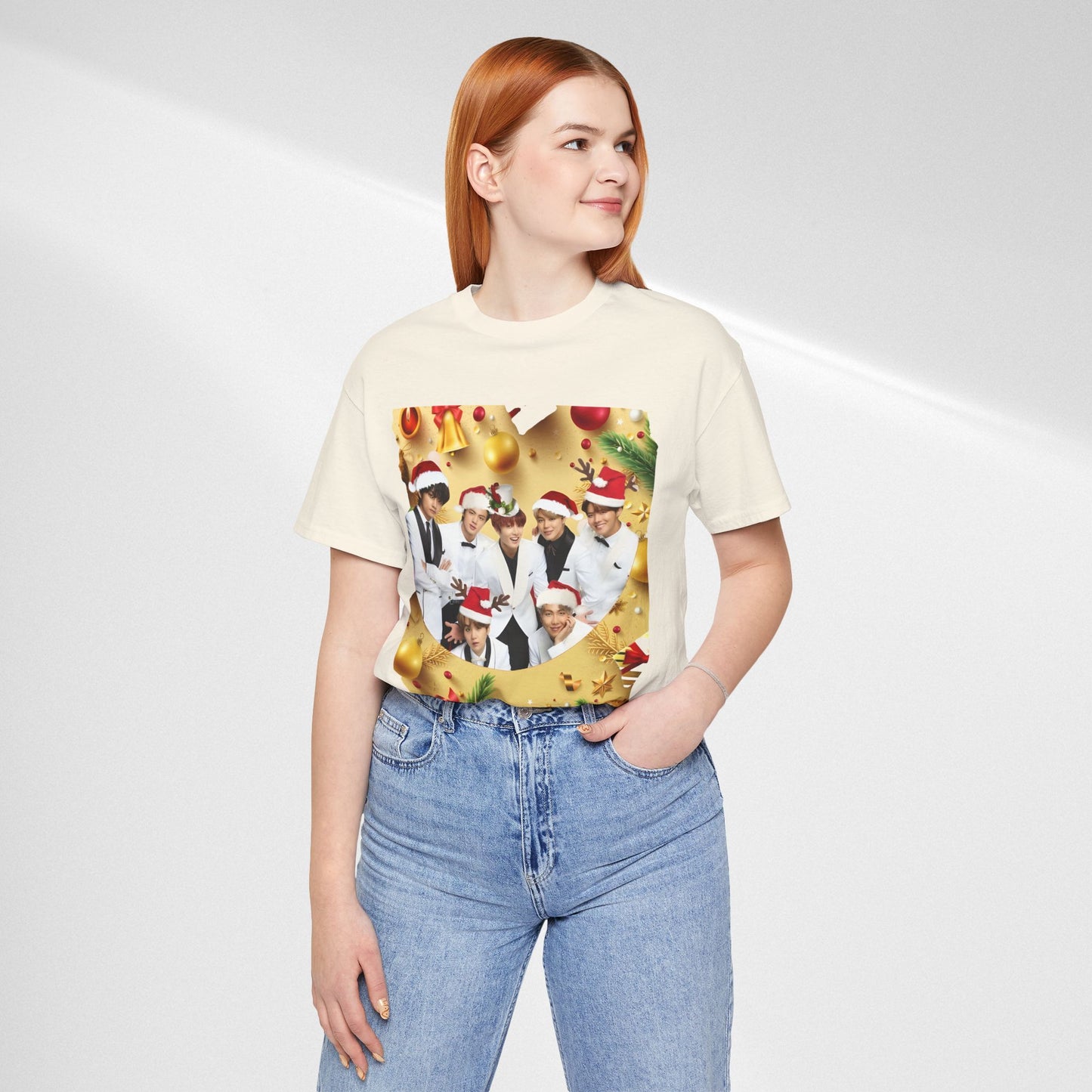 Christmas BTS Photo T‑Shirt — Holiday Santa Hat Group Design
