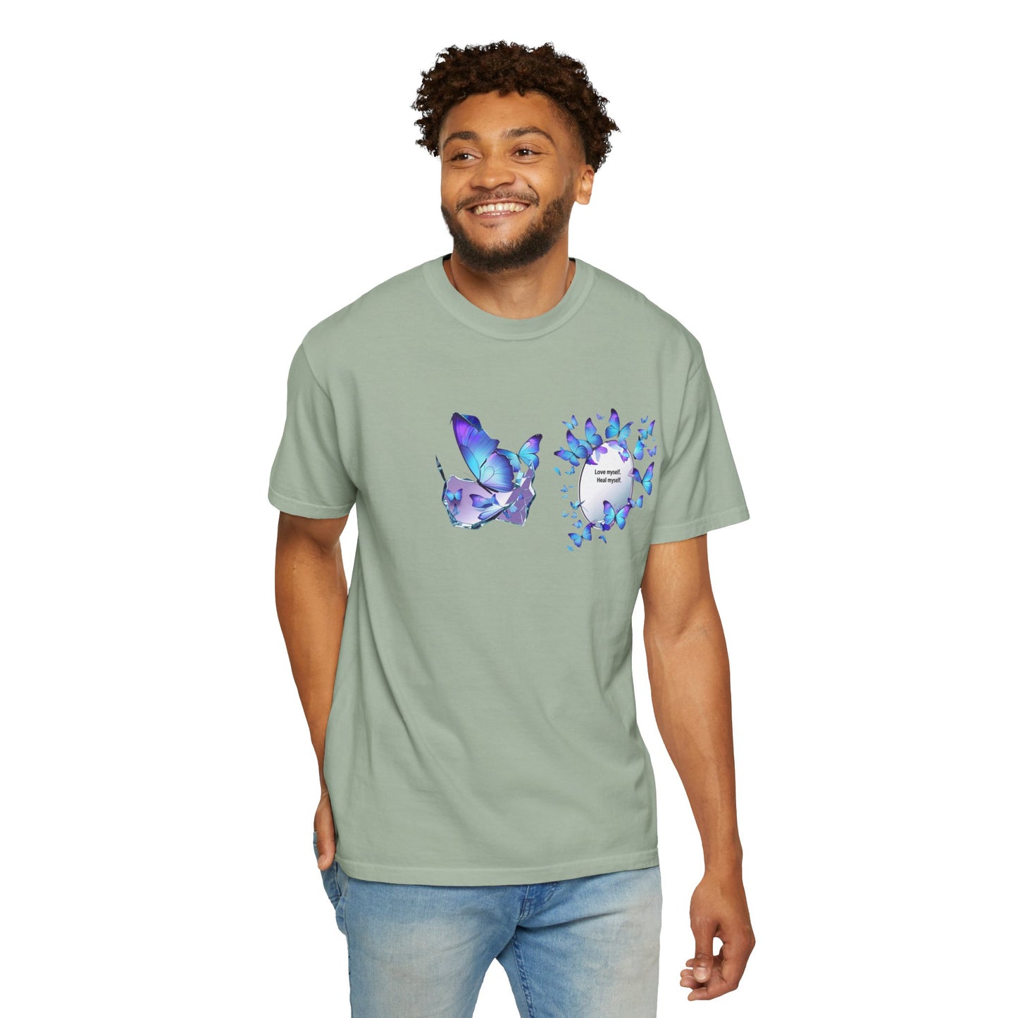 Butterfly Heart T-Shirt — Blue Watercolor Butterflies & "Everyone Deserves Love" Design