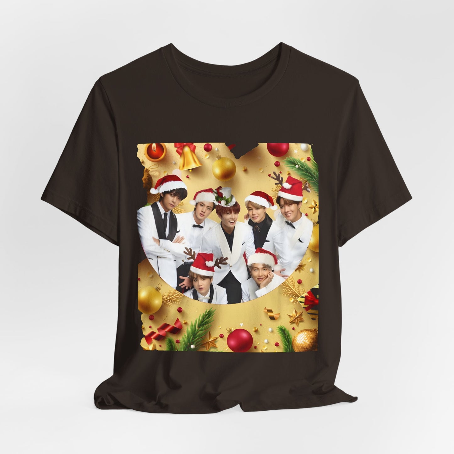 Christmas BTS Photo T‑Shirt — Holiday Santa Hat Group Design