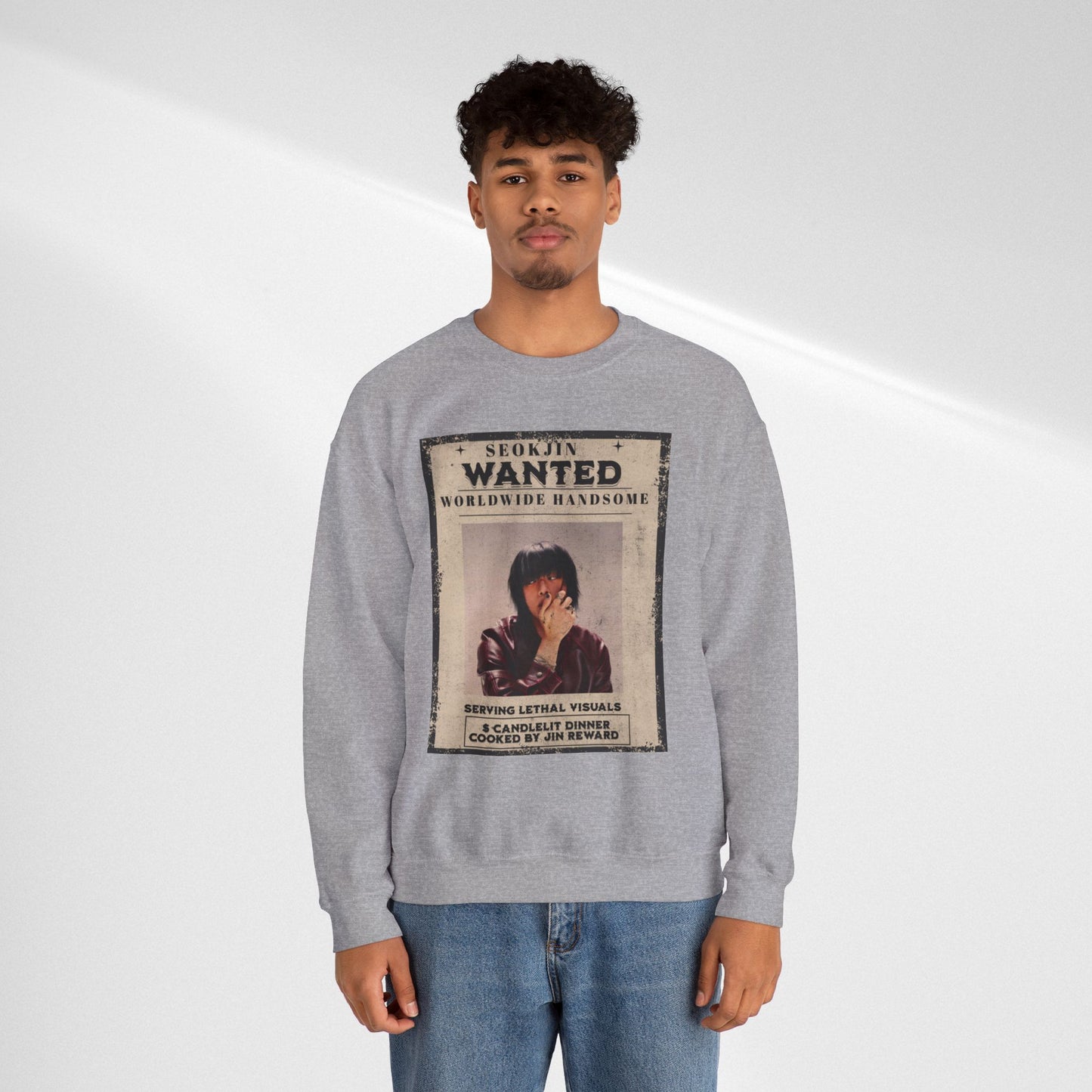 Wanted Poster Crewneck Sweatshirt — "Seokjin Wanted: Worldwide Handsome" Vintage K-pop Pullover