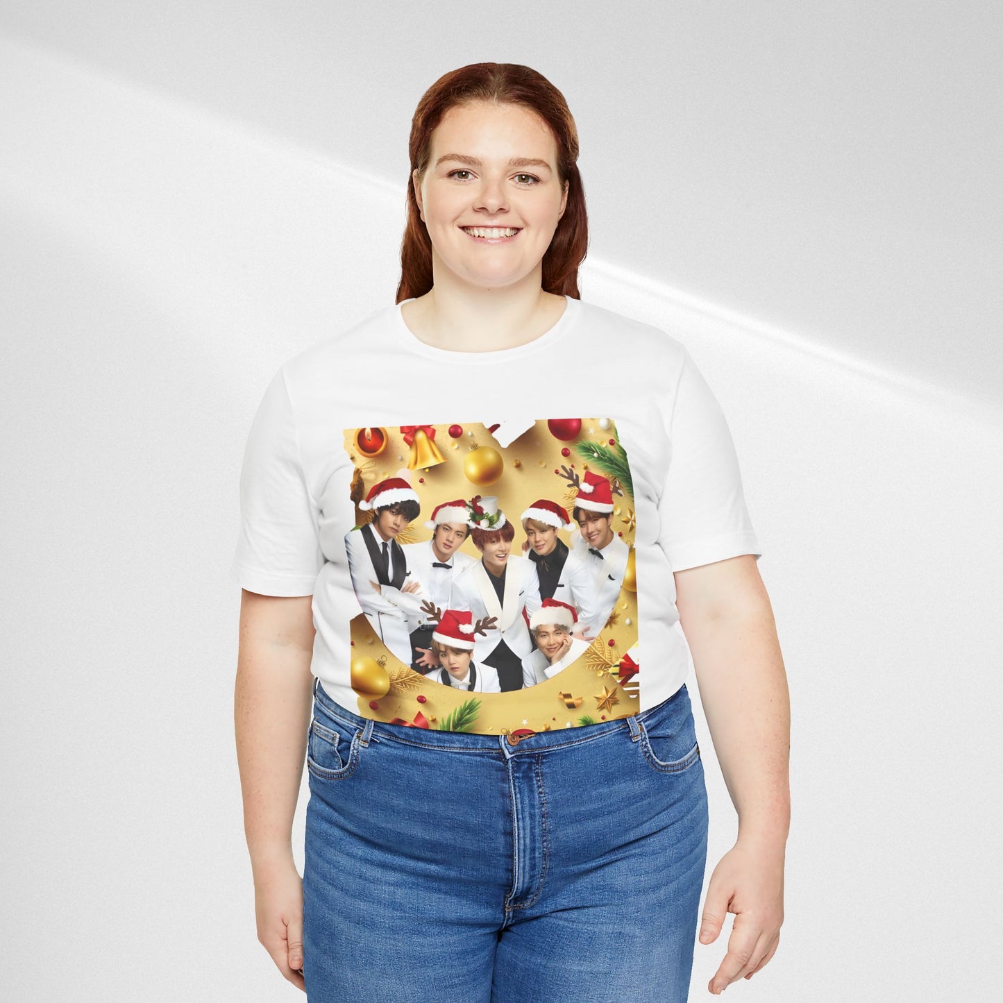 Christmas BTS Photo T‑Shirt — Holiday Santa Hat Group Design