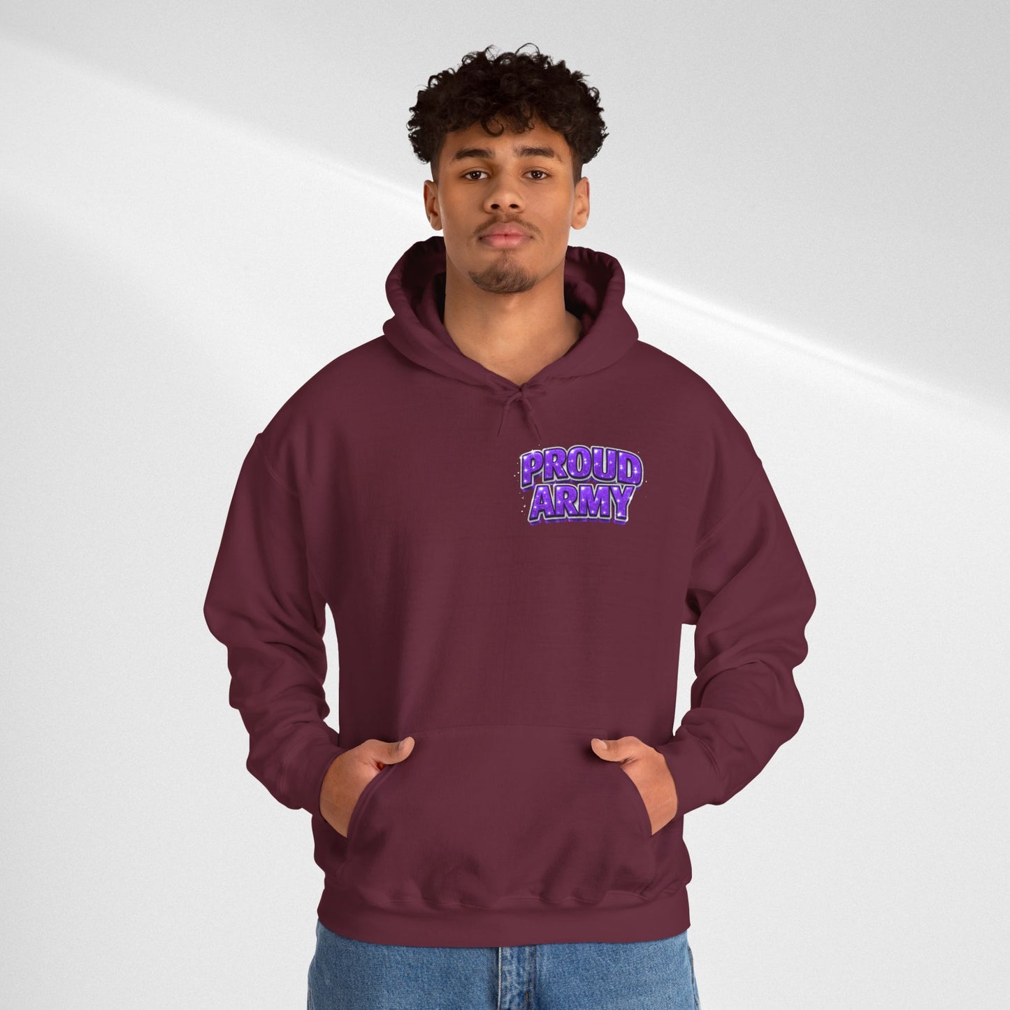 Proud Army Hoodie — Bold Purple Text Military Support Pullover