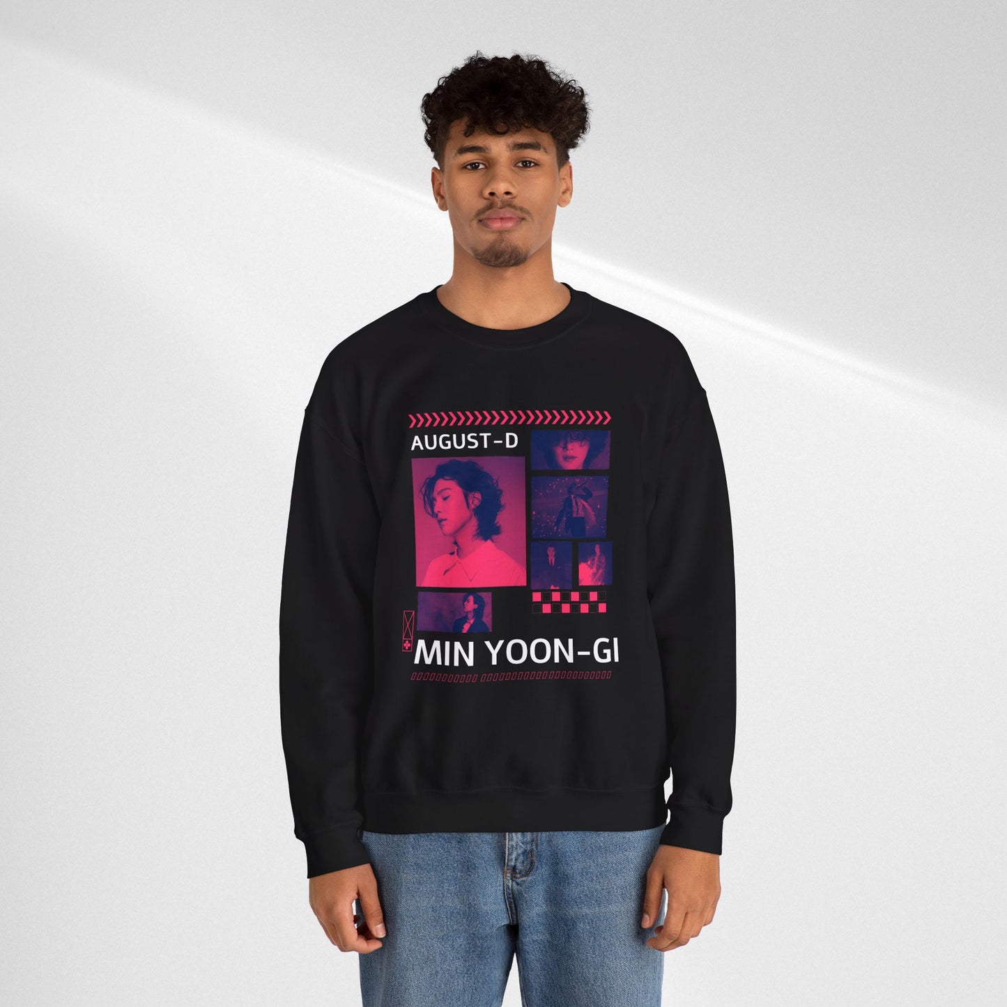 Graphic Crewneck Sweatshirt — 'MIN YOON-GI' Neon Photo Collage