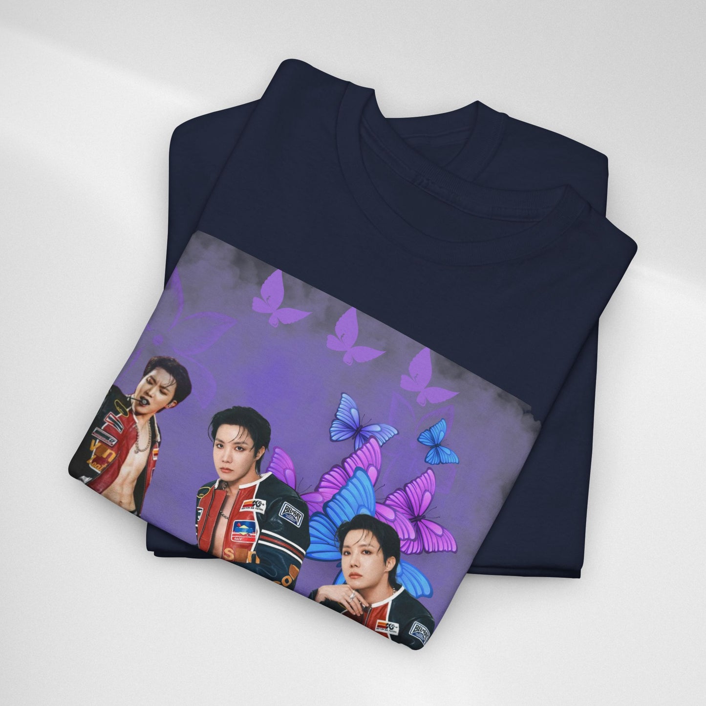 JHOPE Retro Pop Band Portrait Tee — Purple Butterfly Graphic T-Shirt