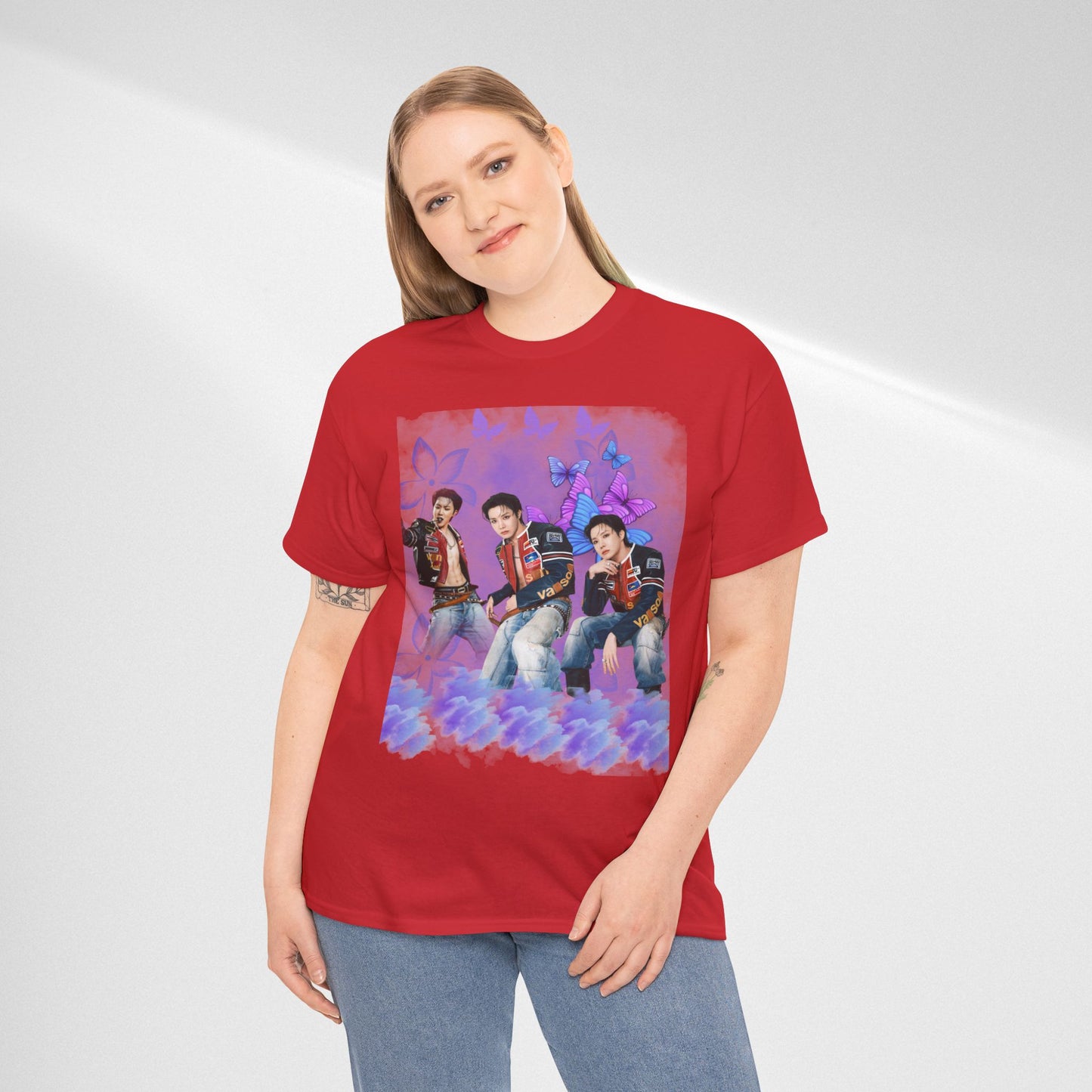 JHOPE Retro Pop Band Portrait Tee — Purple Butterfly Graphic T-Shirt