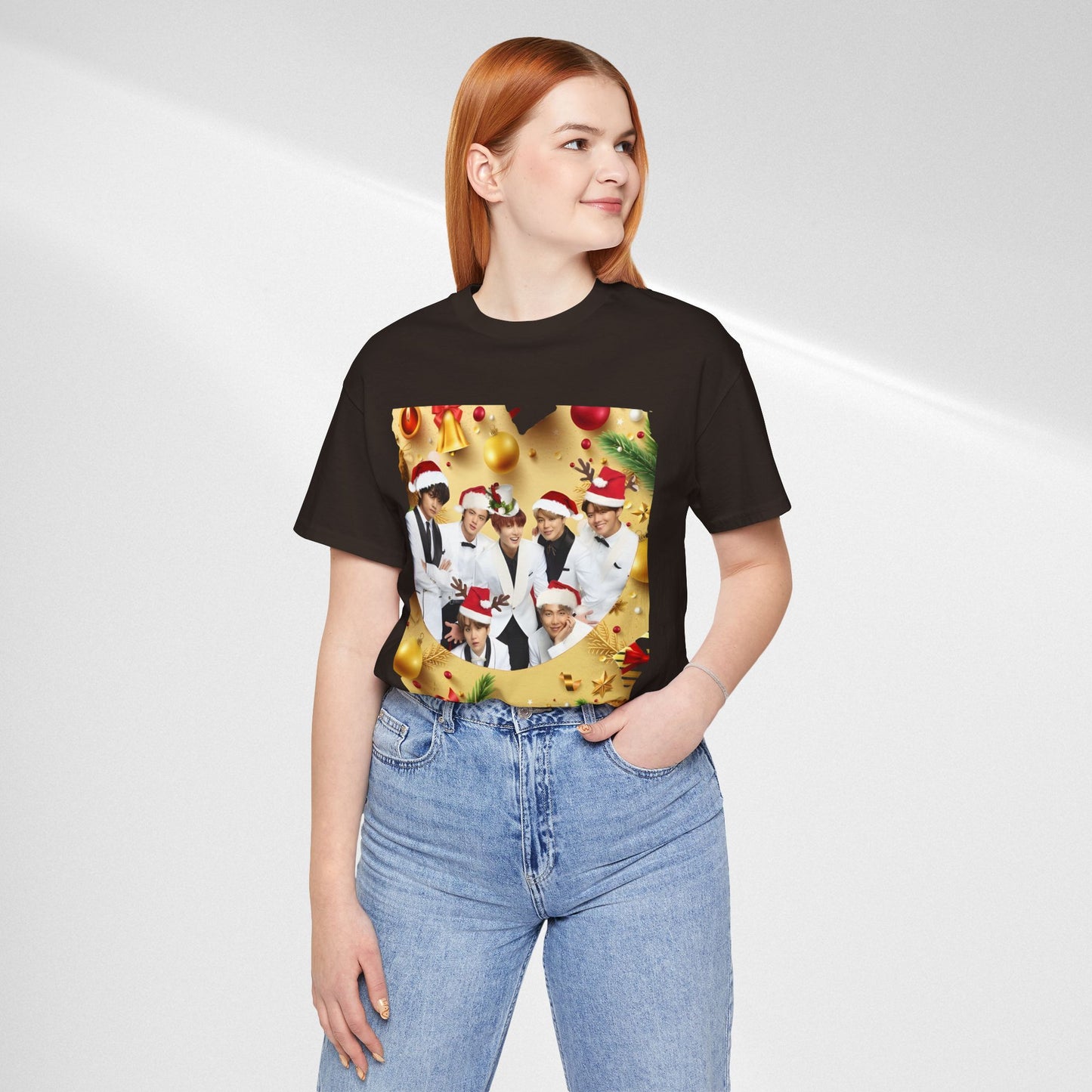Christmas BTS Photo T‑Shirt — Holiday Santa Hat Group Design