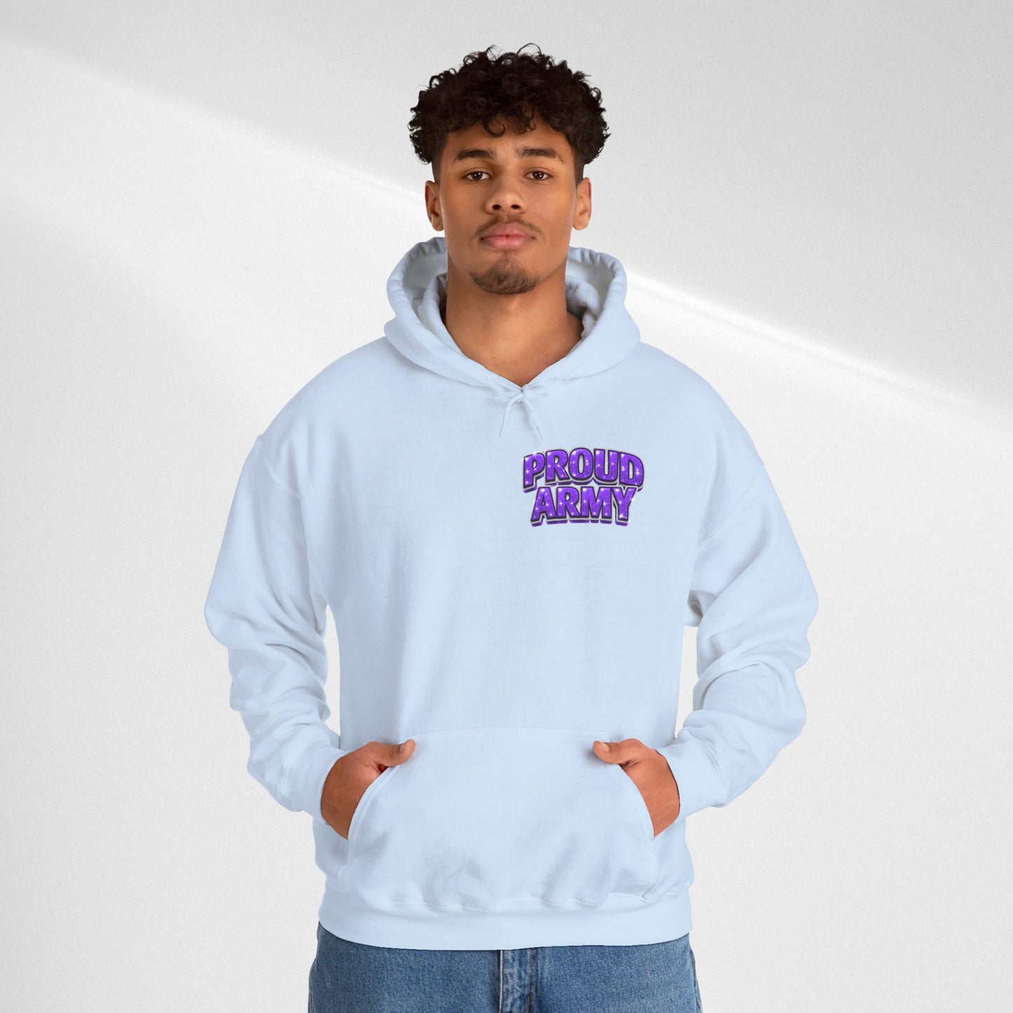 Proud Army Hoodie — Bold Purple Text Military Support Pullover