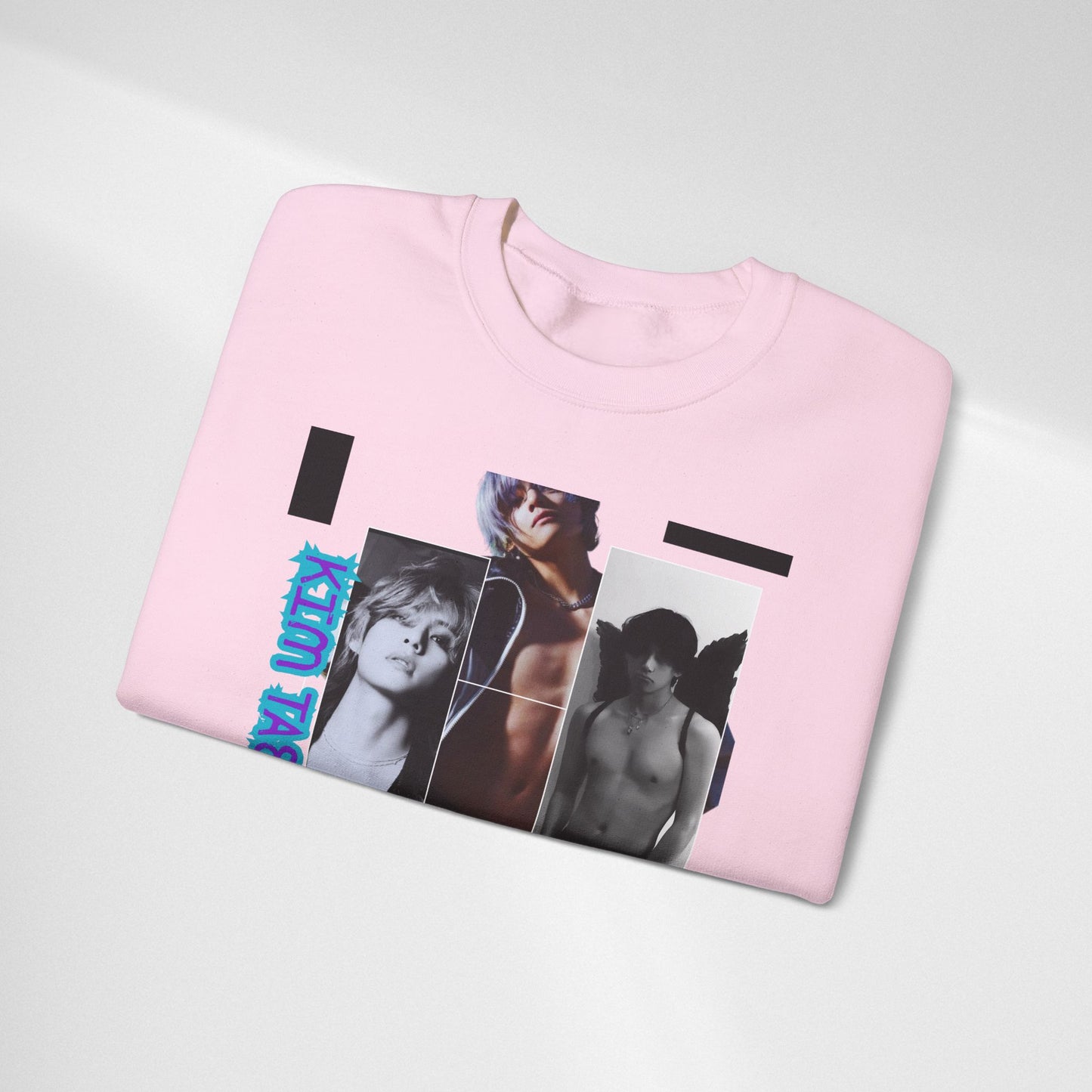 Collage Photo Crewneck Sweatshirt — Retro Portraits with Blue 'KPOP TAEHYUNG' Text