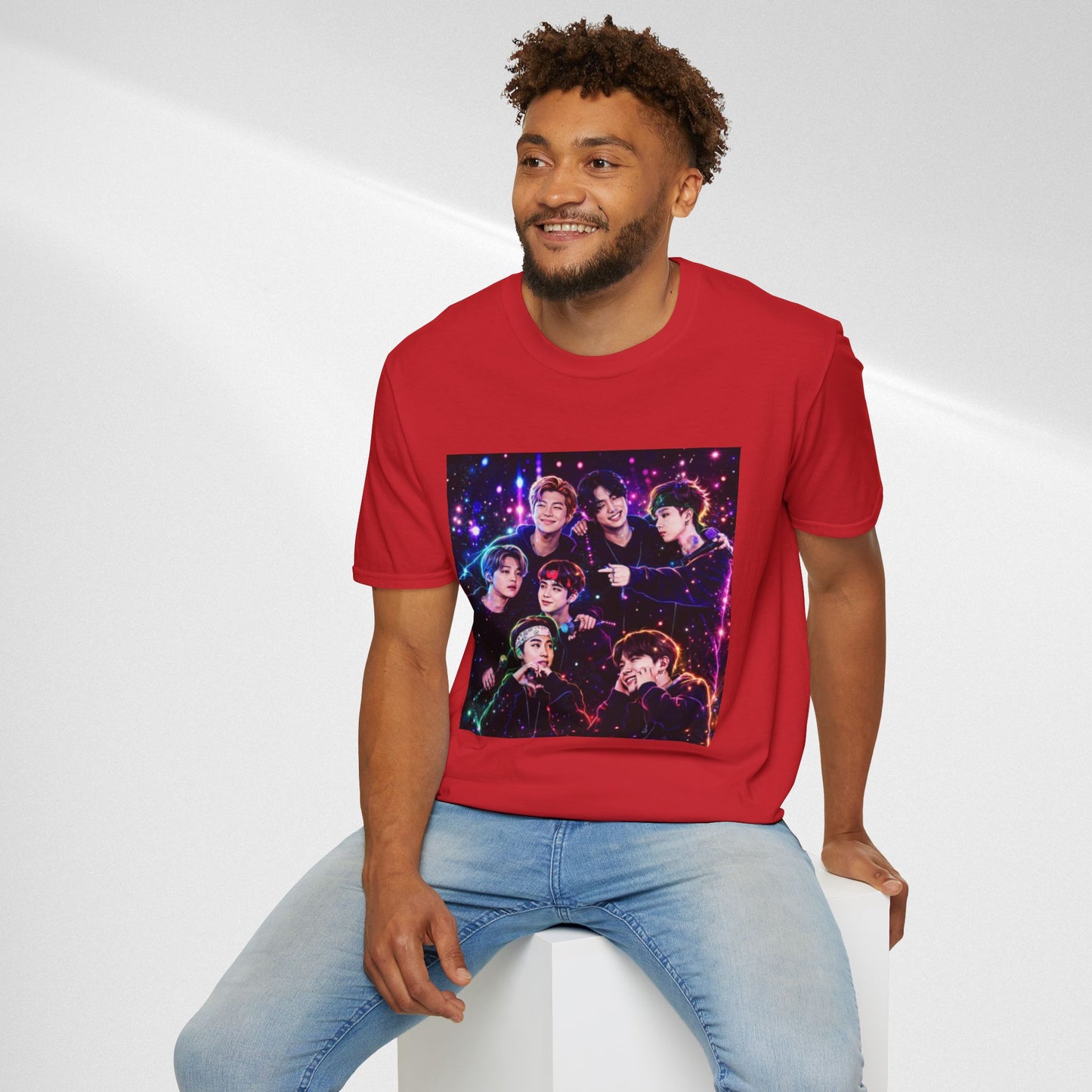 BTS K-Pop Group Photo Tee — Colorful Neon Concert Band Shirt