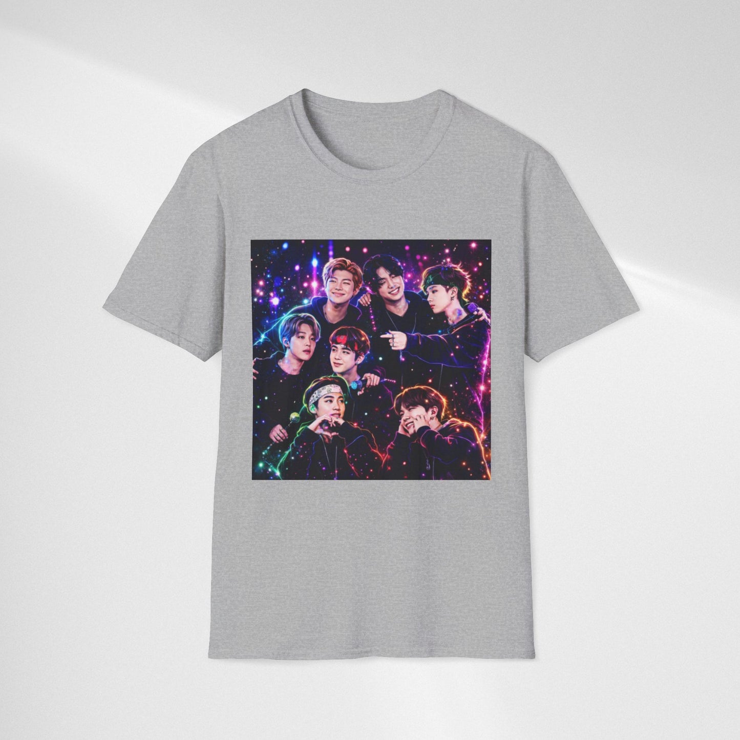 BTS K-Pop Group Photo Tee — Colorful Neon Concert Band Shirt