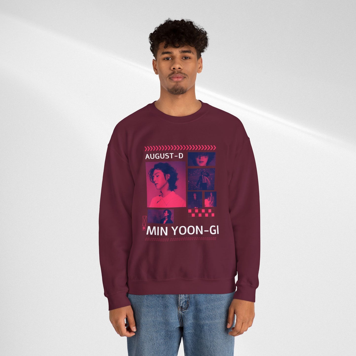 Graphic Crewneck Sweatshirt — 'MIN YOON-GI' Neon Photo Collage