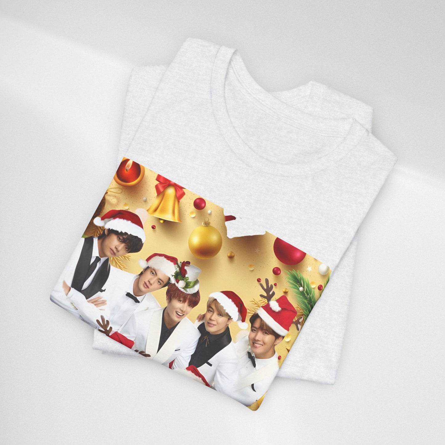 Christmas BTS Photo T‑Shirt — Holiday Santa Hat Group Design
