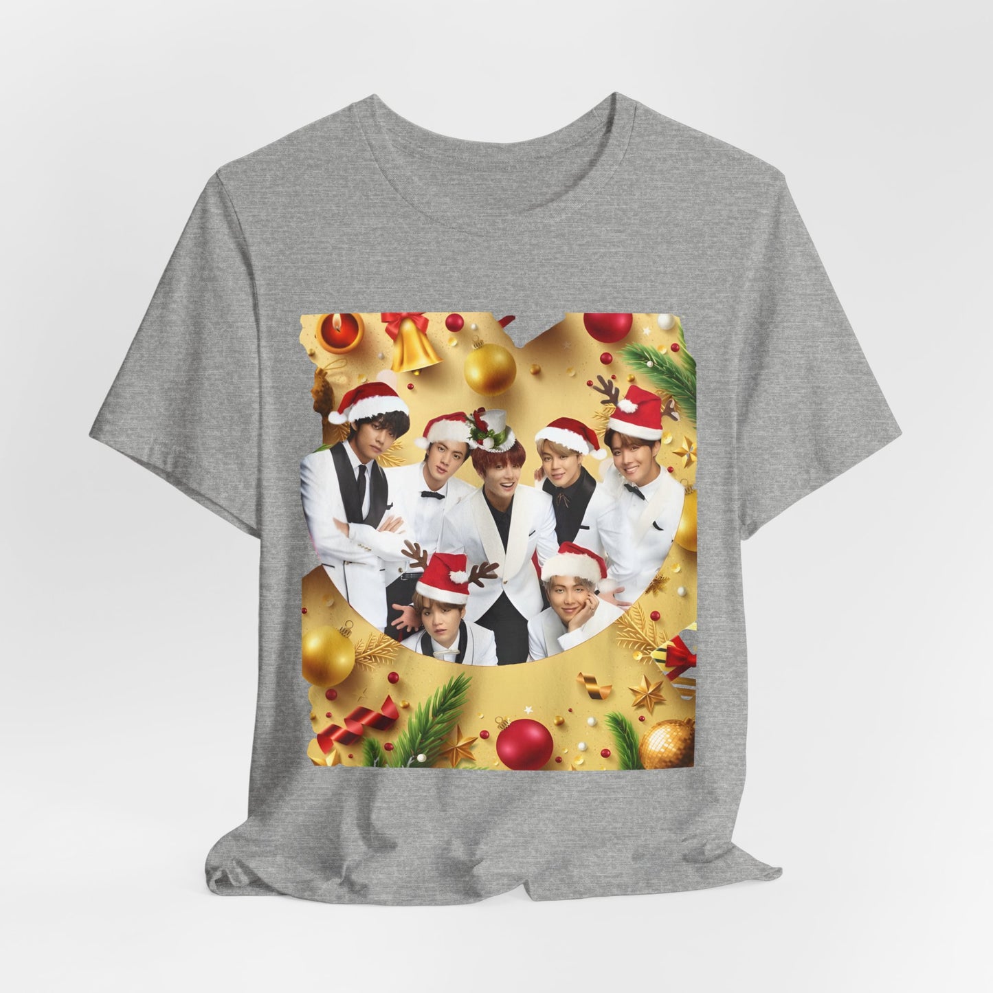 Christmas BTS Photo T‑Shirt — Holiday Santa Hat Group Design