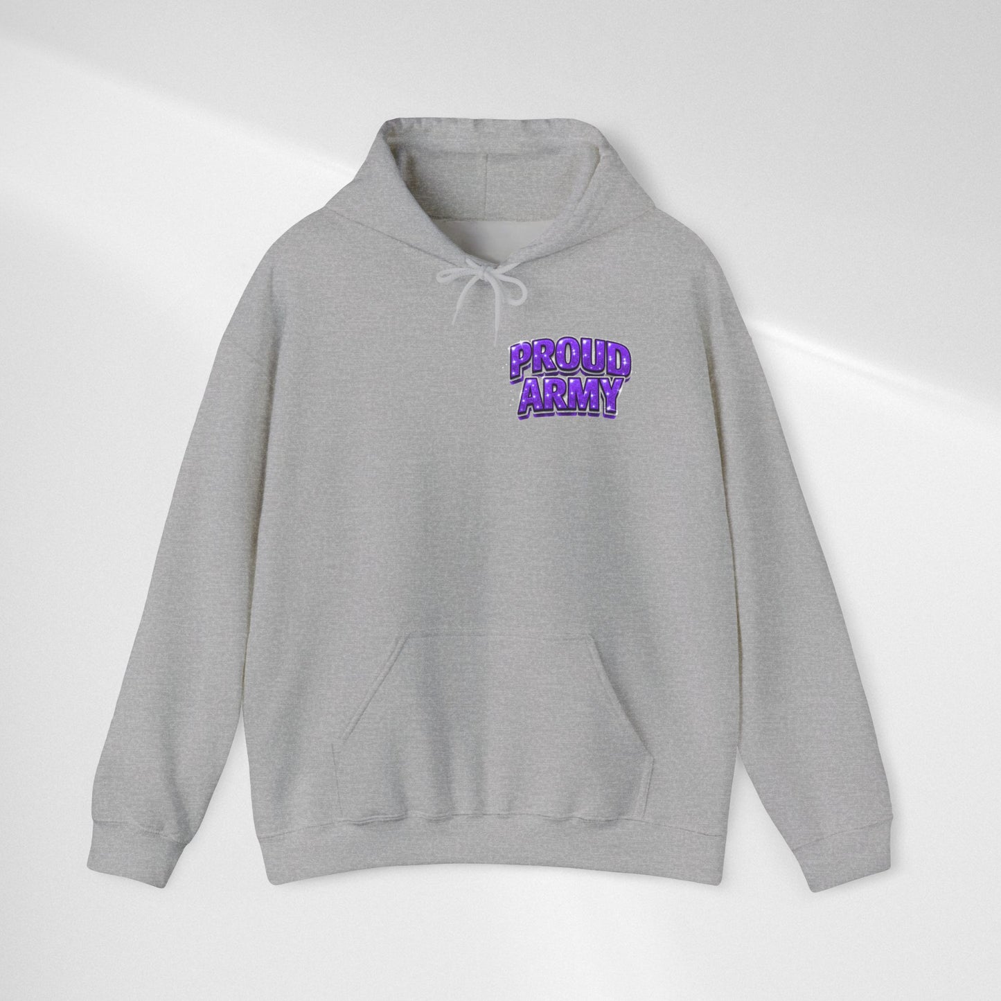 Proud Army Hoodie — Bold Purple Text Military Support Pullover