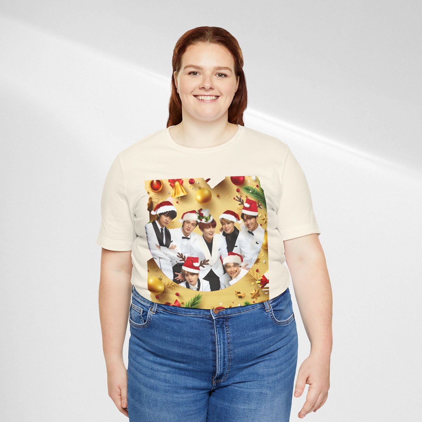 Christmas BTS Photo T‑Shirt — Holiday Santa Hat Group Design