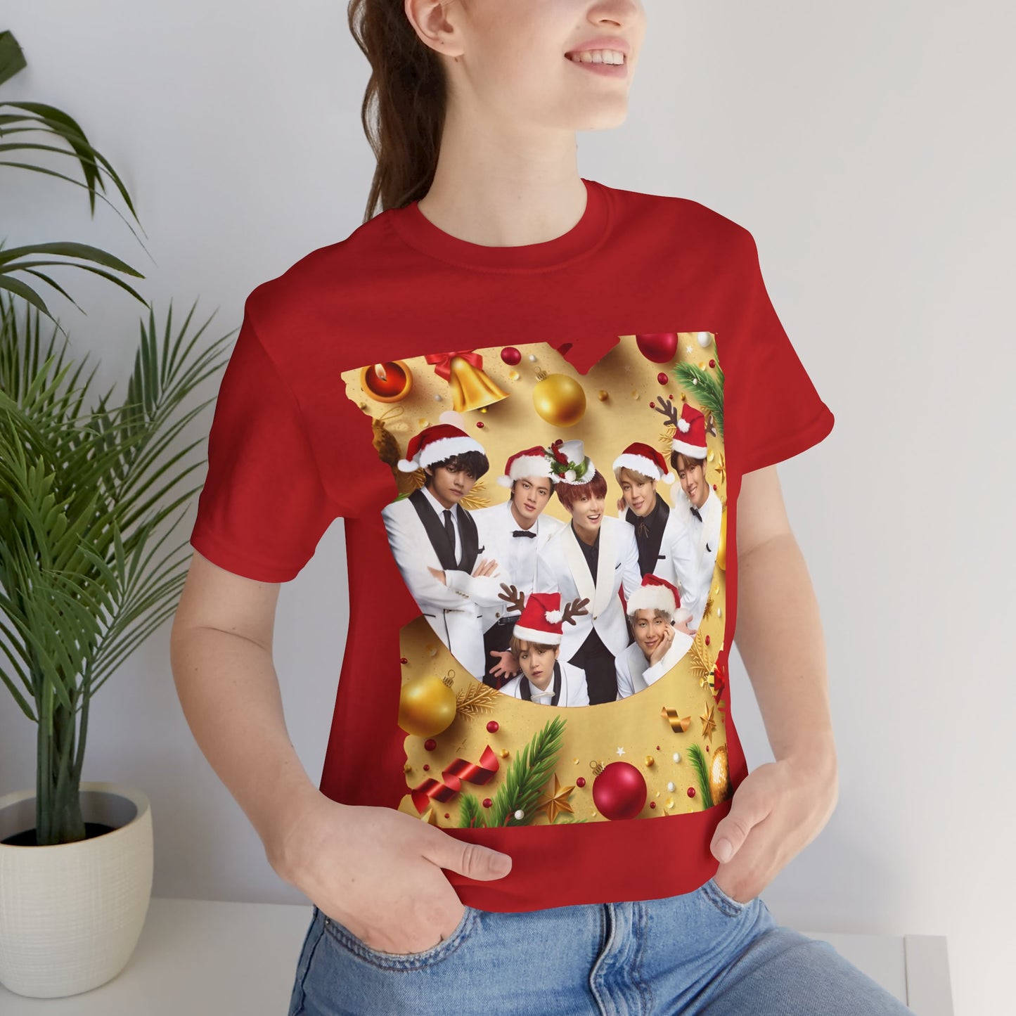 Christmas BTS Photo T‑Shirt — Holiday Santa Hat Group Design