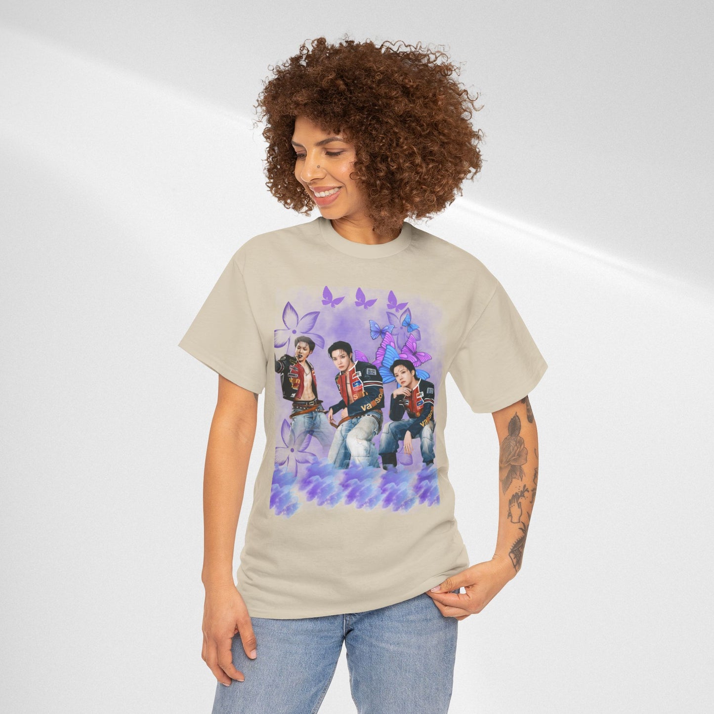 JHOPE Retro Pop Band Portrait Tee — Purple Butterfly Graphic T-Shirt
