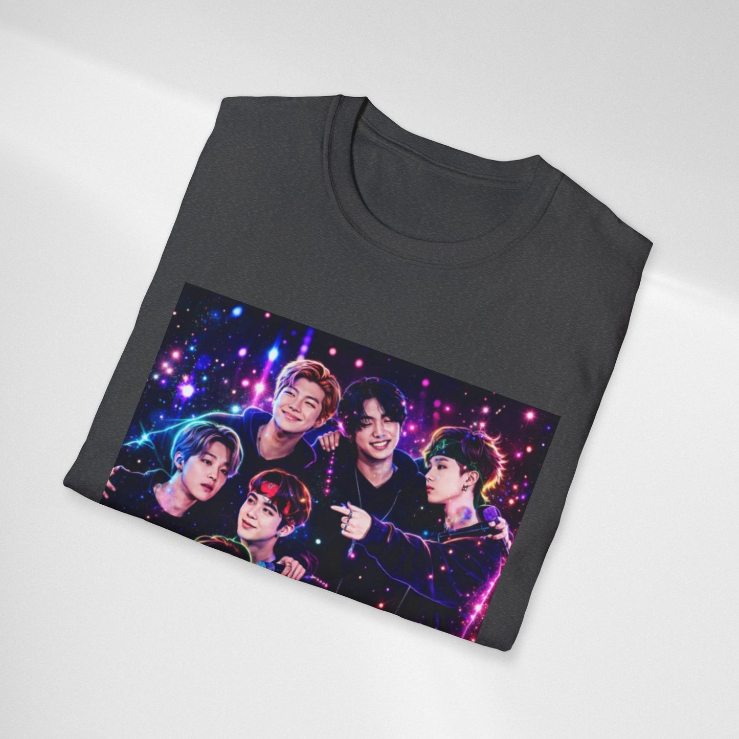 BTS K-Pop Group Photo Tee — Colorful Neon Concert Band Shirt