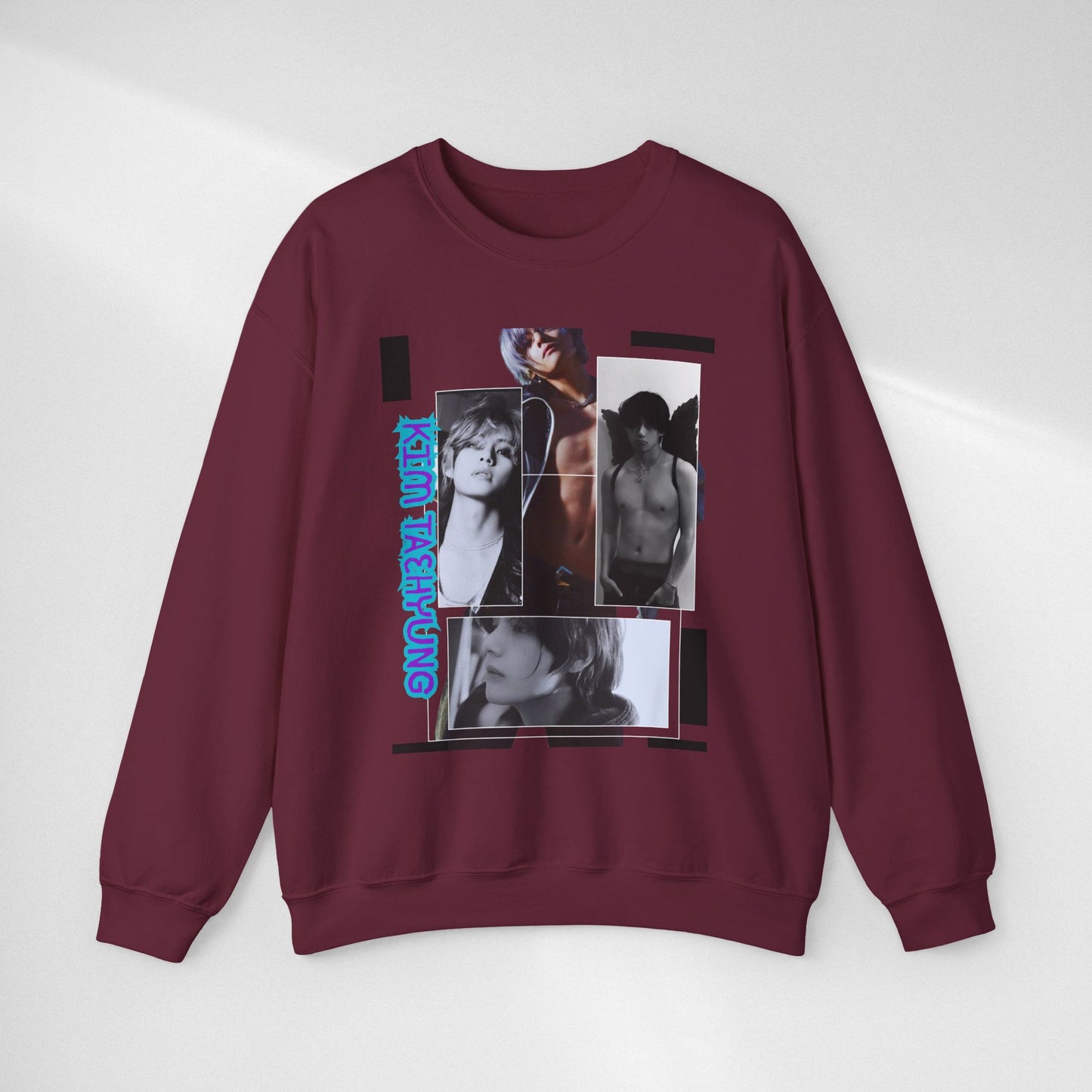 Collage Photo Crewneck Sweatshirt — Retro Portraits with Blue 'KPOP TAEHYUNG' Text