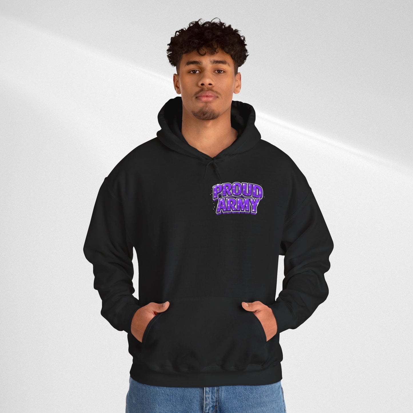 Proud Army Hoodie — Bold Purple Text Military Support Pullover