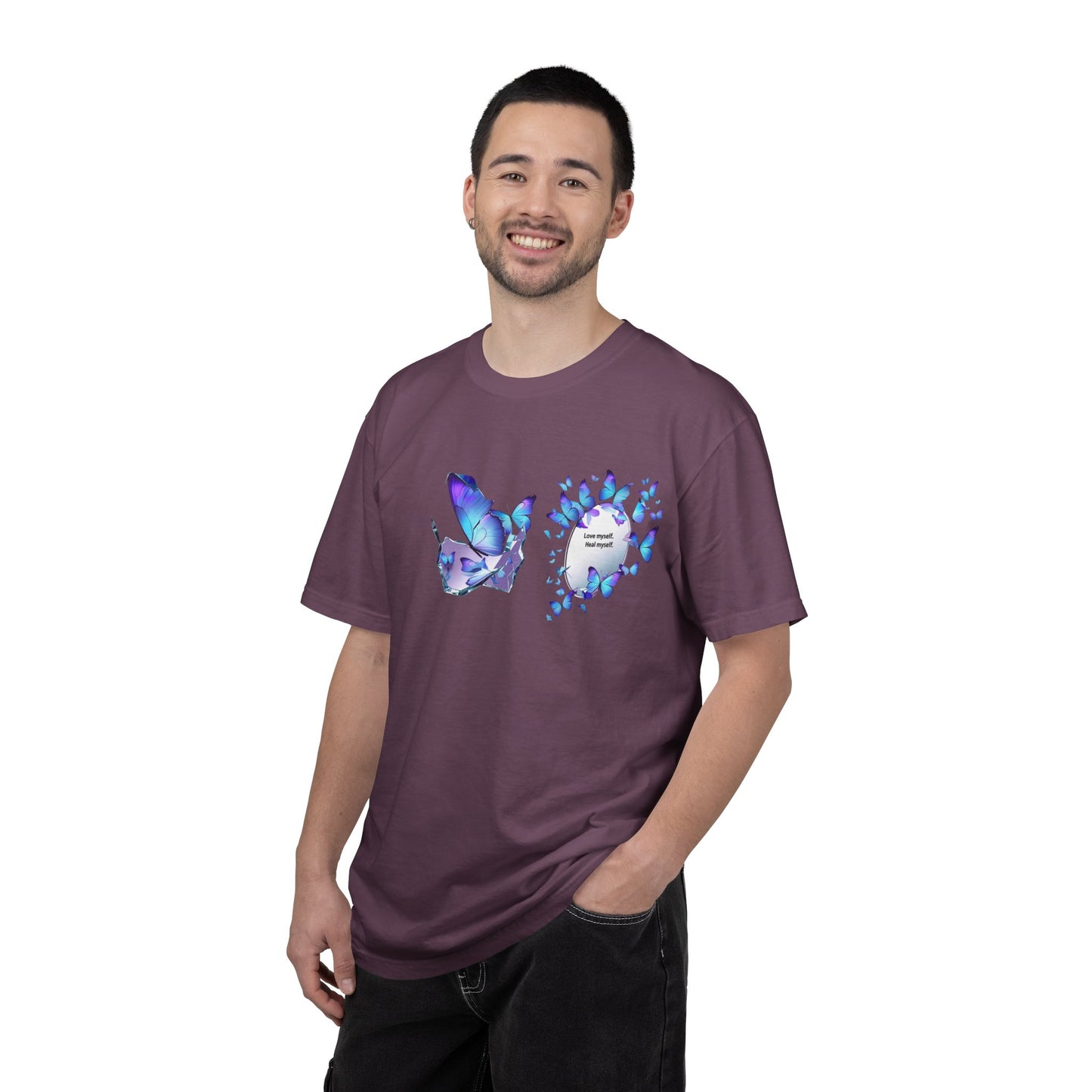 Butterfly Heart T-Shirt — Blue Watercolor Butterflies & "Everyone Deserves Love" Design