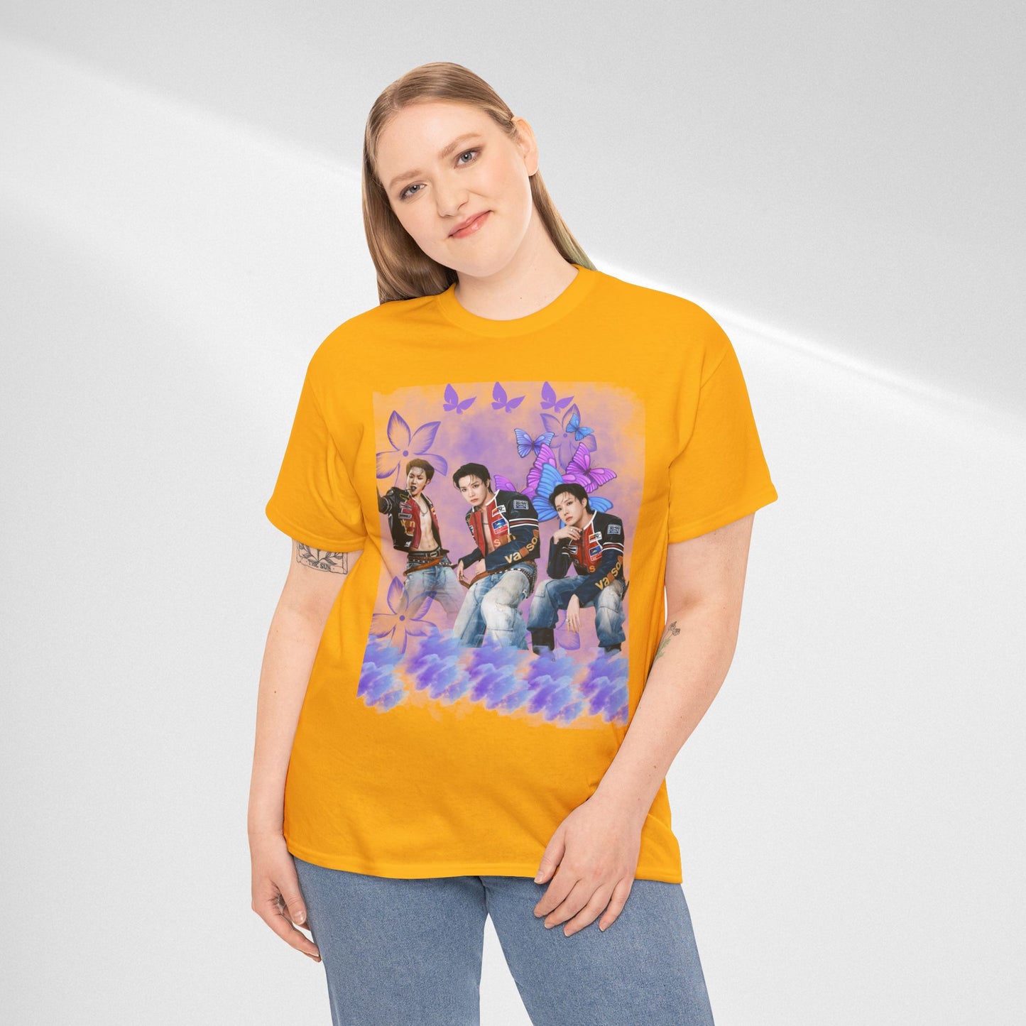 JHOPE Retro Pop Band Portrait Tee — Purple Butterfly Graphic T-Shirt