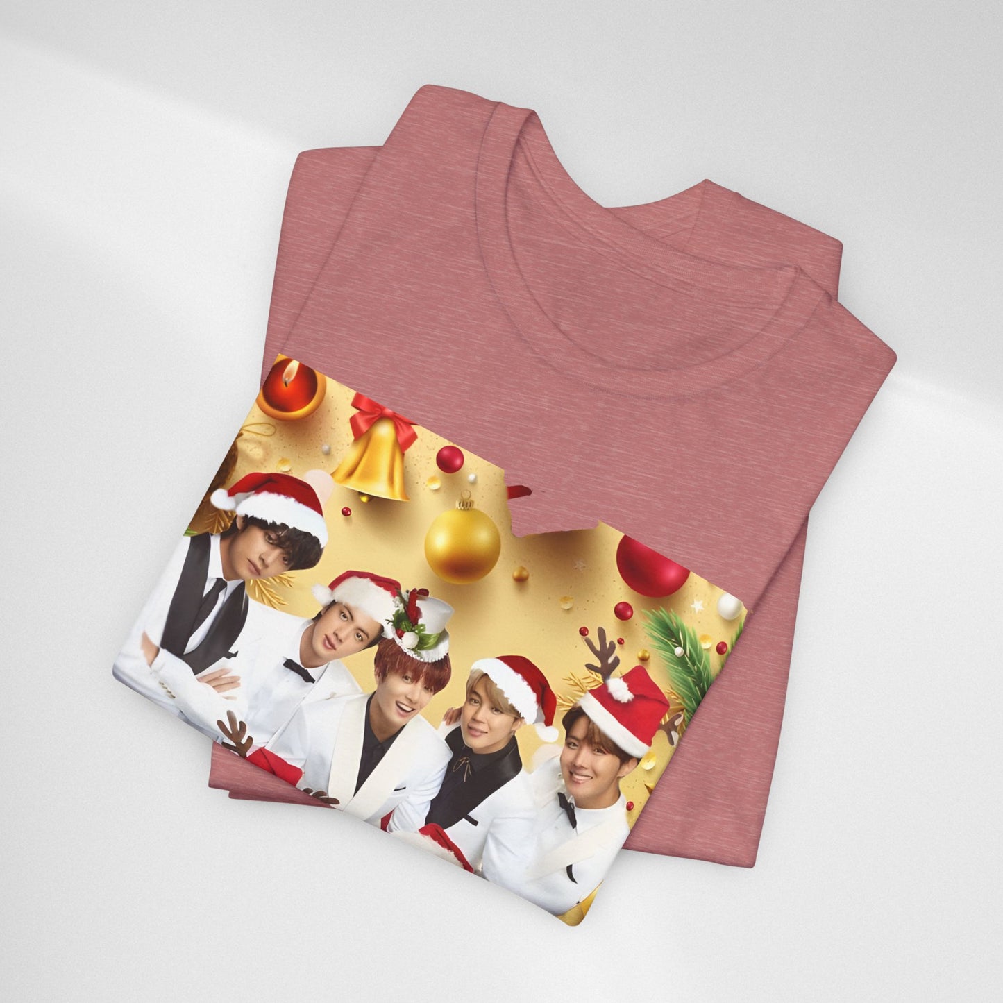 Christmas BTS Photo T‑Shirt — Holiday Santa Hat Group Design