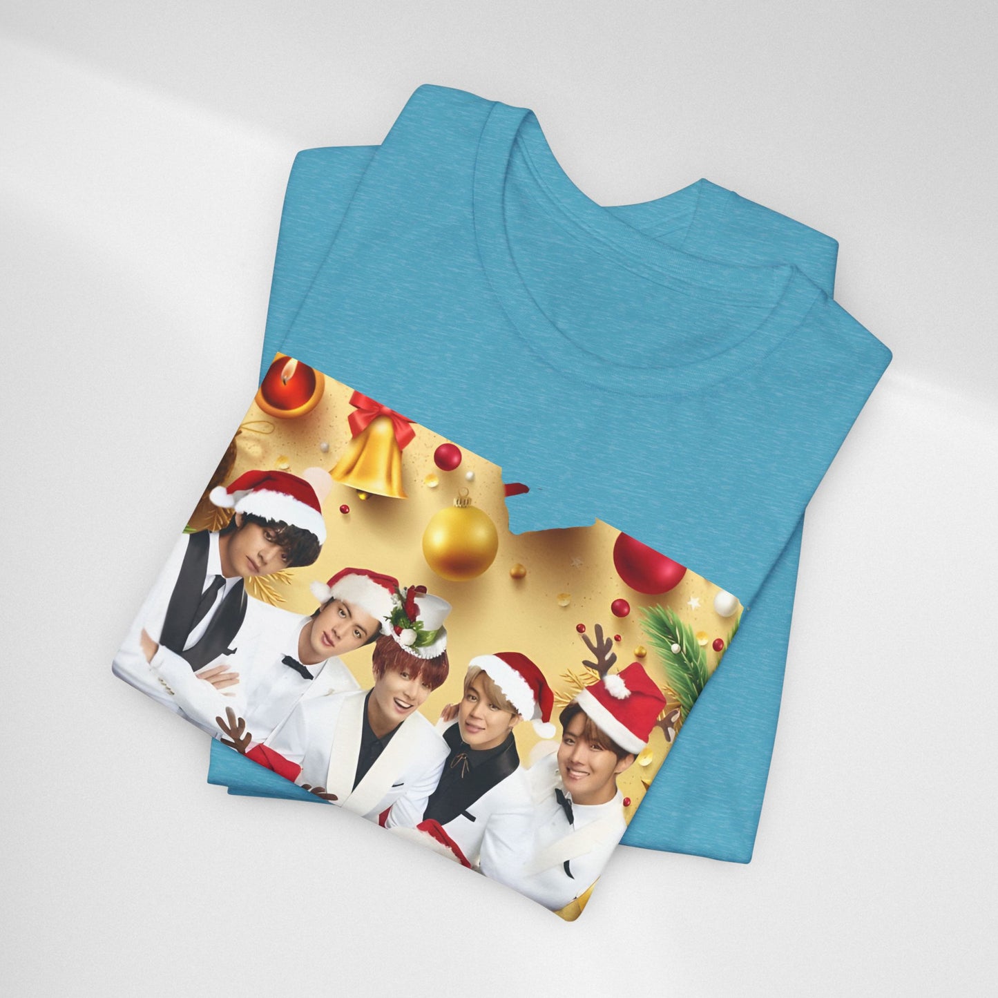 Christmas BTS Photo T‑Shirt — Holiday Santa Hat Group Design