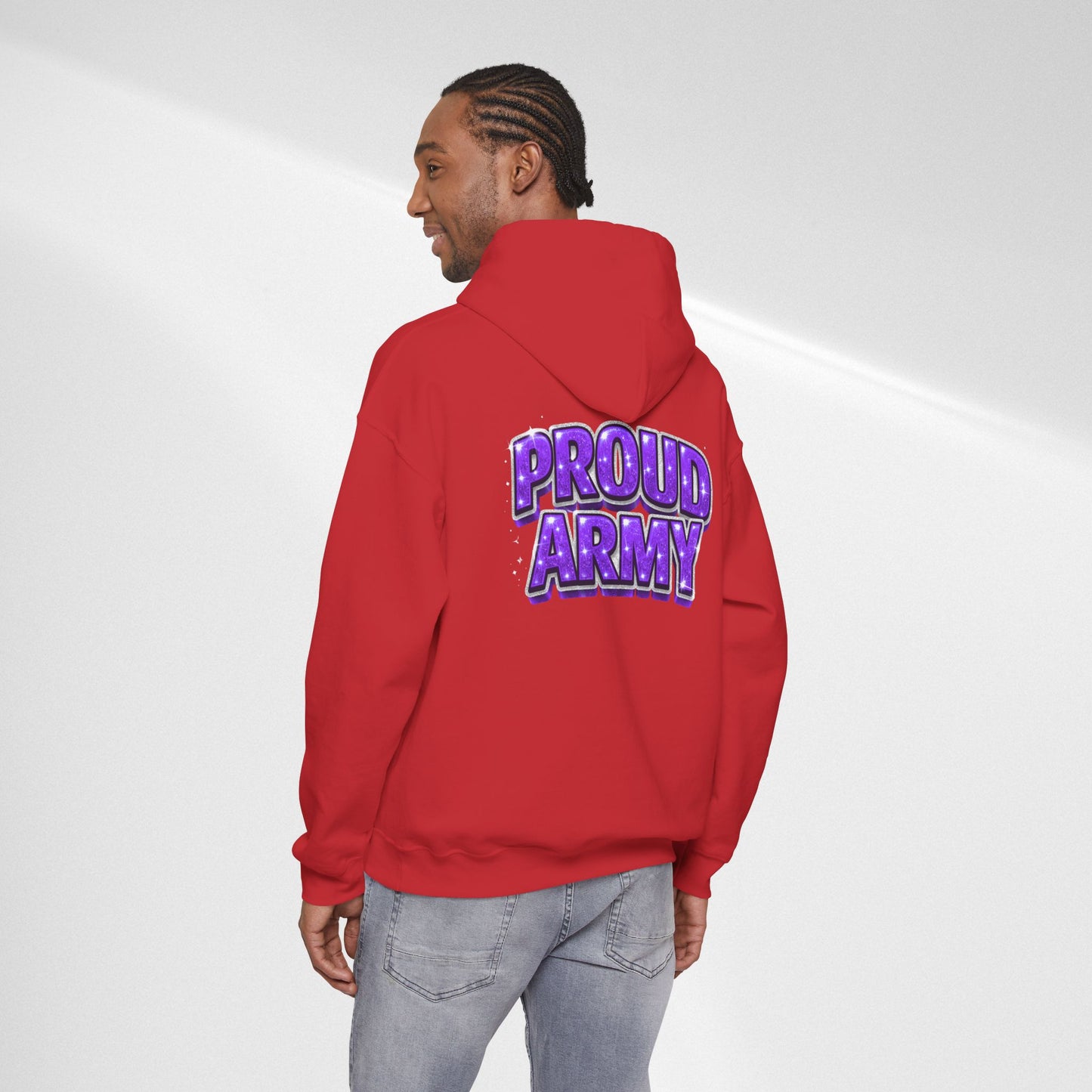 Proud Army Hoodie — Bold Purple Text Military Support Pullover