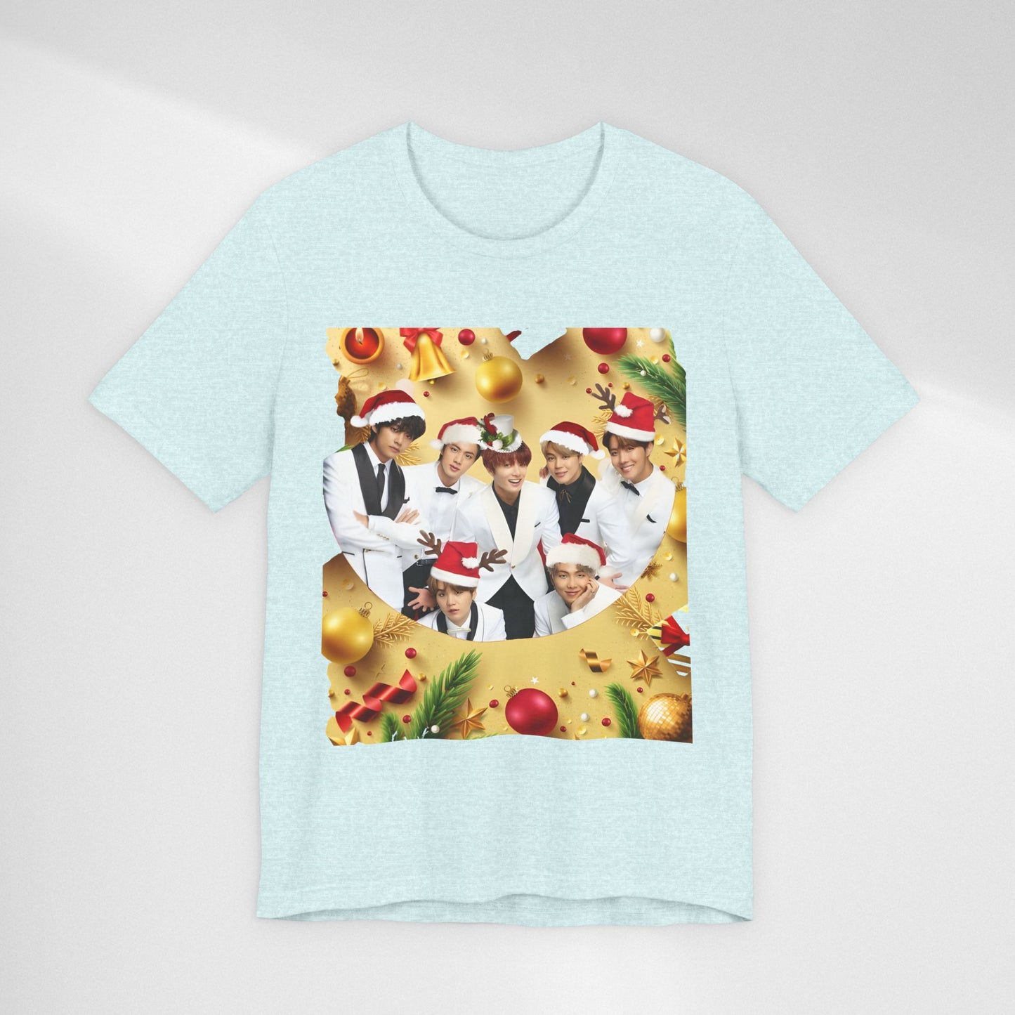 Christmas BTS Photo T‑Shirt — Holiday Santa Hat Group Design