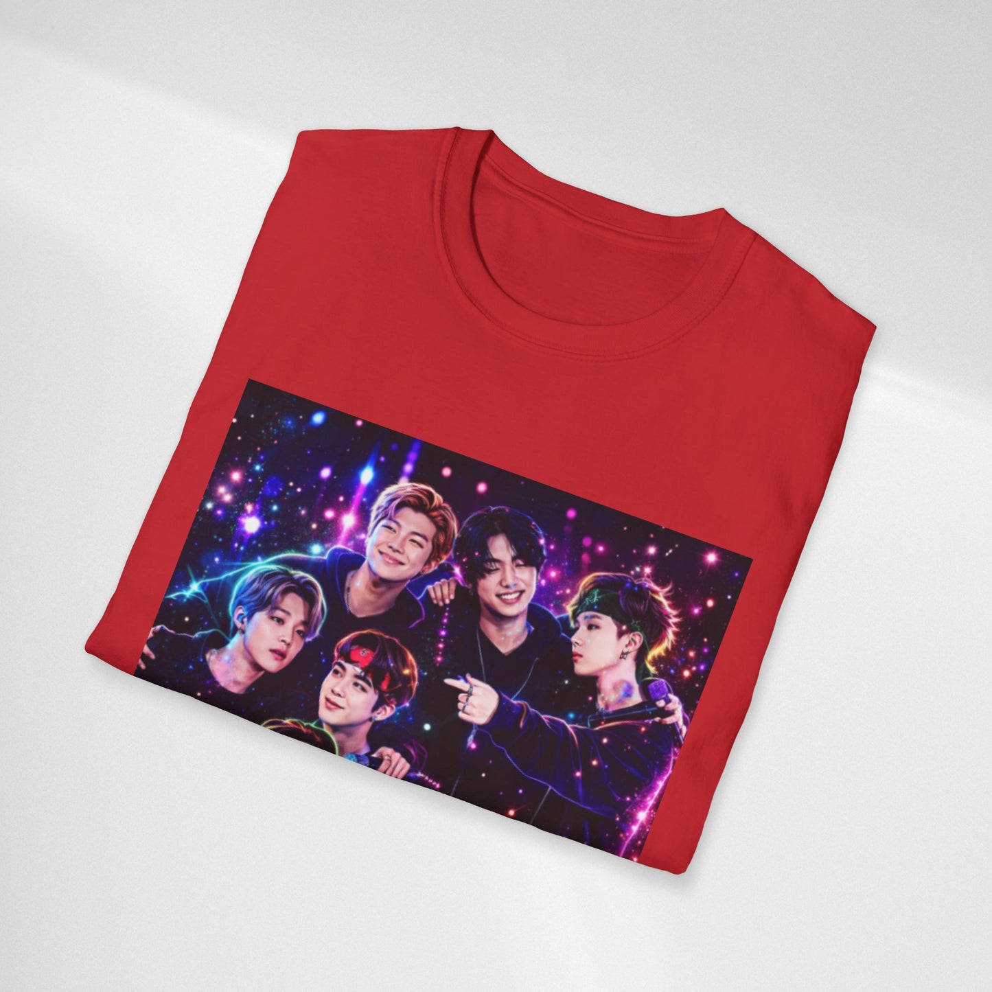 BTS K-Pop Group Photo Tee — Colorful Neon Concert Band Shirt
