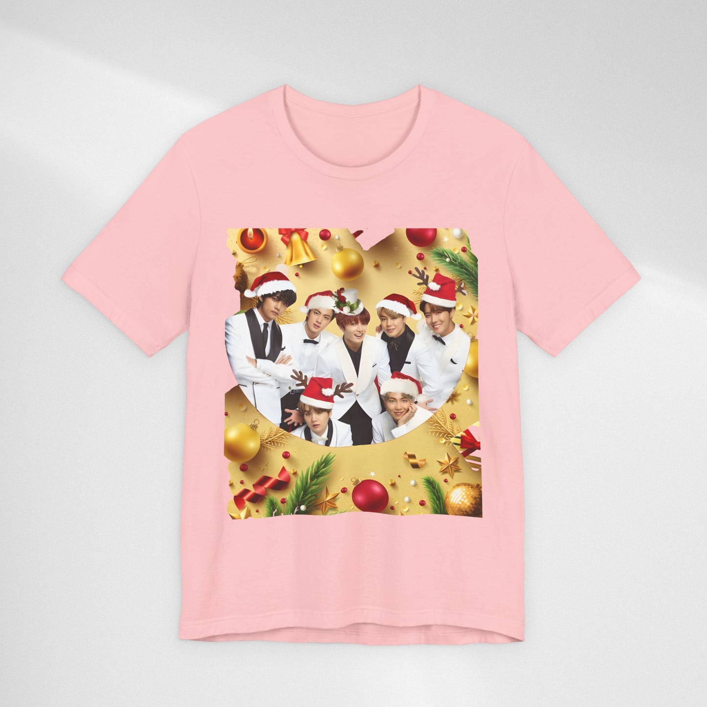 Christmas BTS Photo T‑Shirt — Holiday Santa Hat Group Design