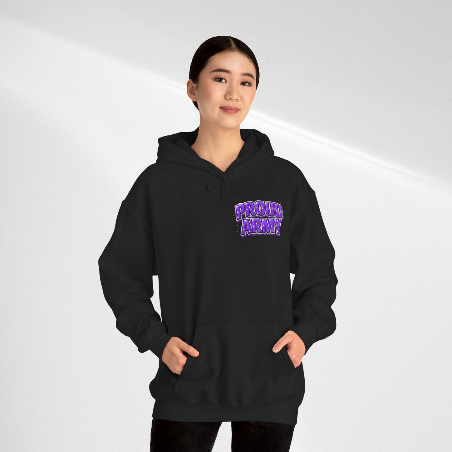Proud Army Hoodie — Bold Purple Text Military Support Pullover