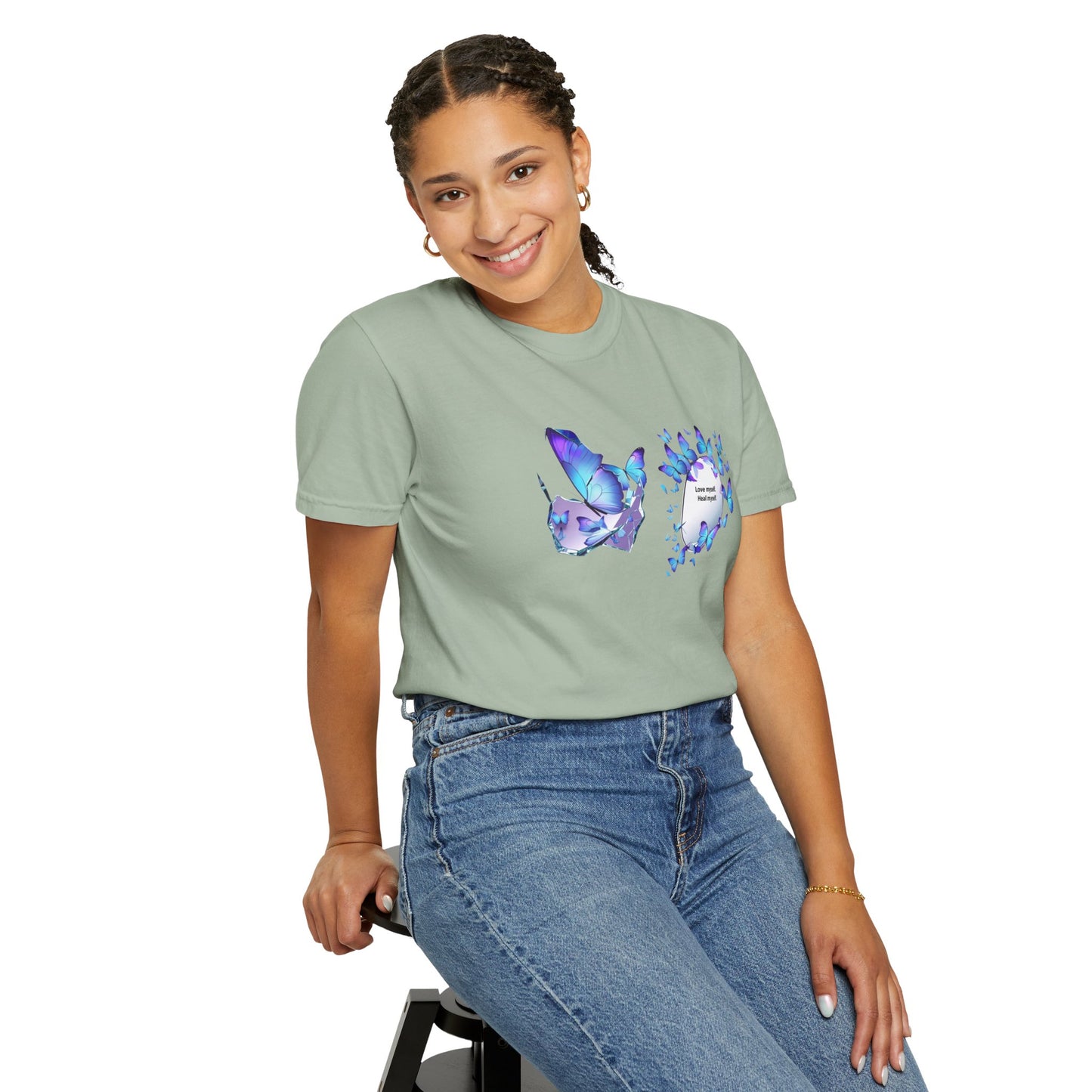 Butterfly Heart T-Shirt — Blue Watercolor Butterflies & "Everyone Deserves Love" Design