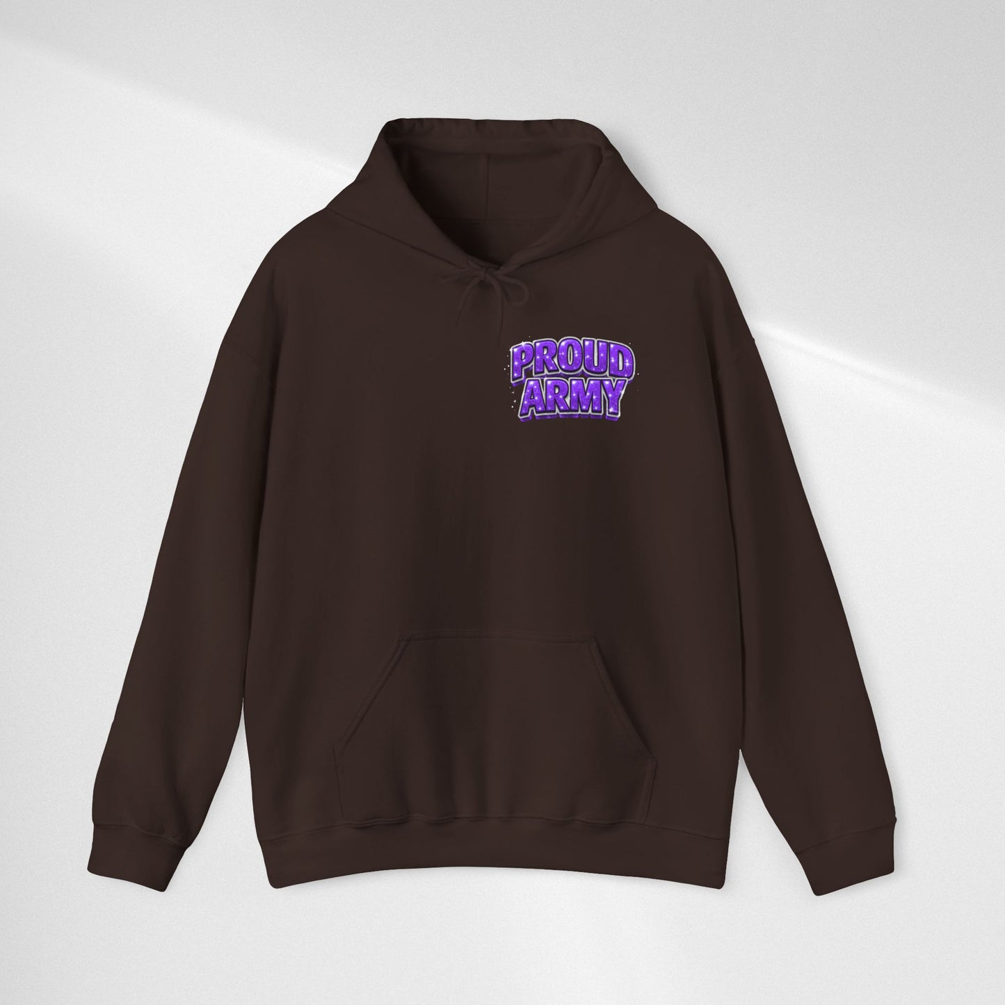 Proud Army Hoodie — Bold Purple Text Military Support Pullover