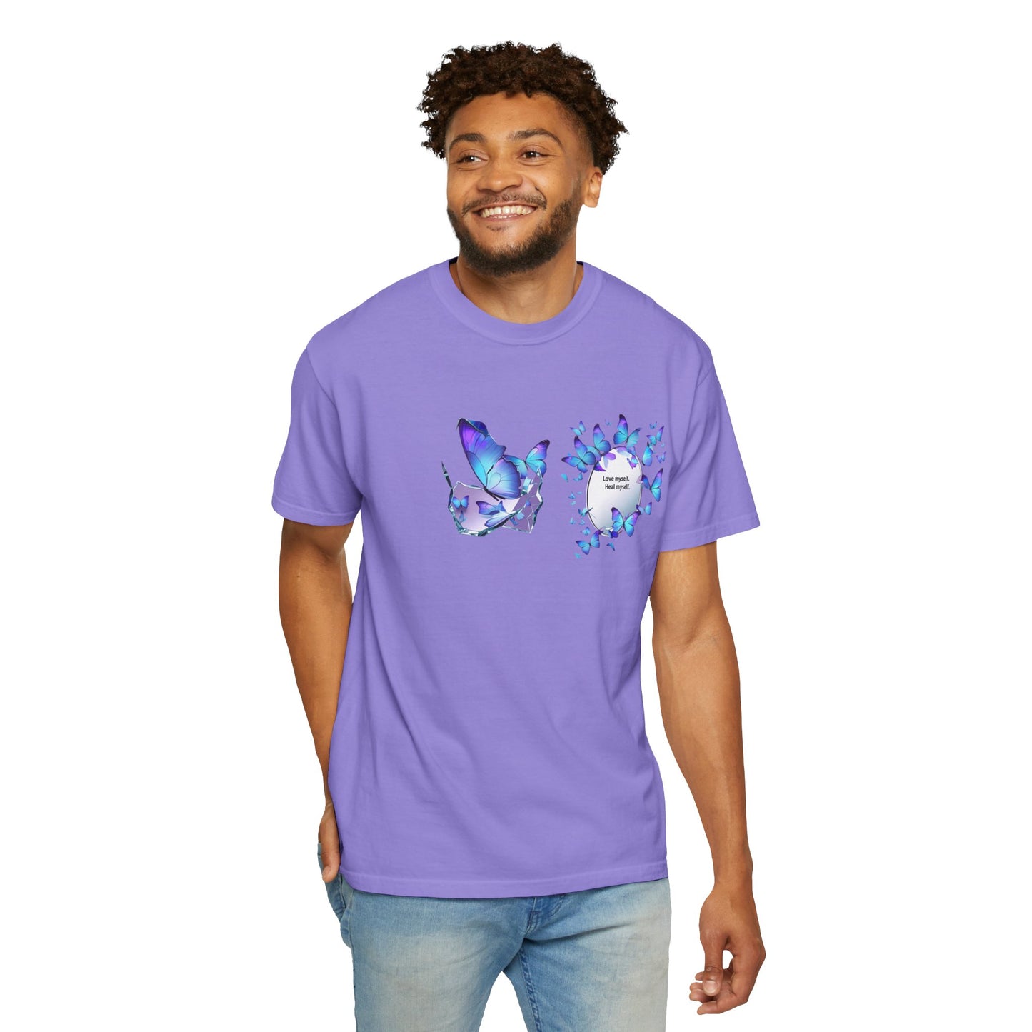 Butterfly Heart T-Shirt — Blue Watercolor Butterflies & "Everyone Deserves Love" Design