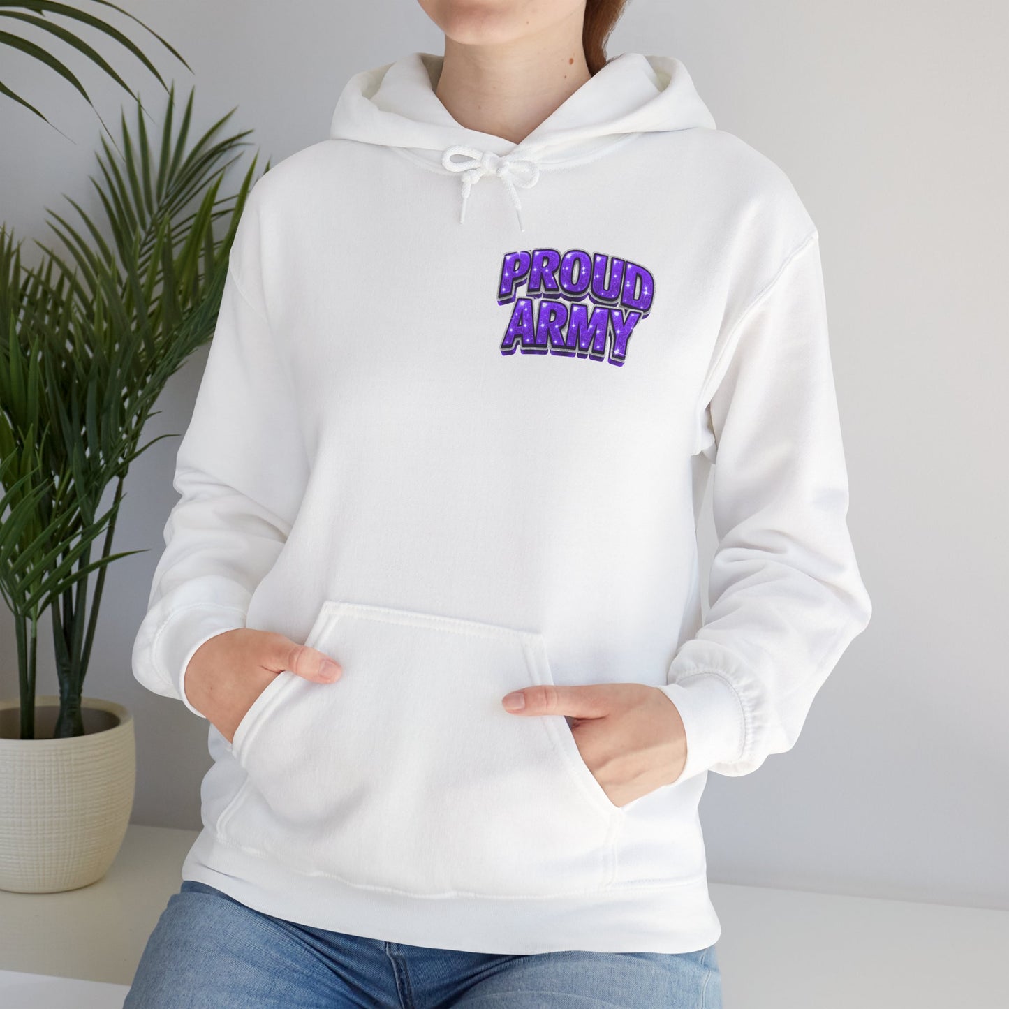 Proud Army Hoodie — Bold Purple Text Military Support Pullover