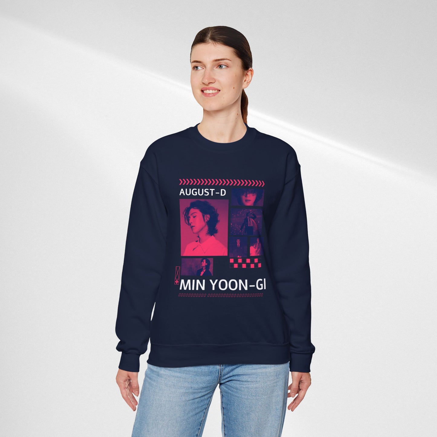 Graphic Crewneck Sweatshirt — 'MIN YOON-GI' Neon Photo Collage