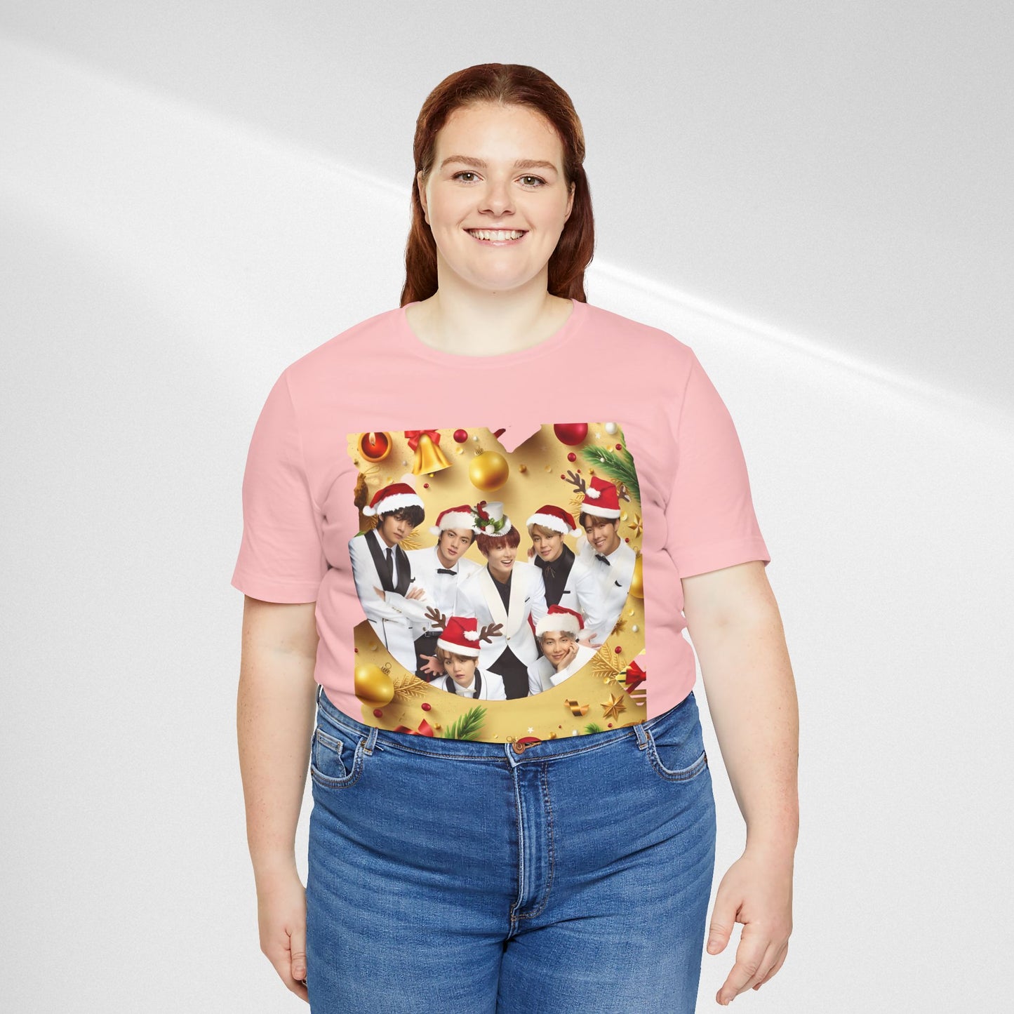 Christmas BTS Photo T‑Shirt — Holiday Santa Hat Group Design