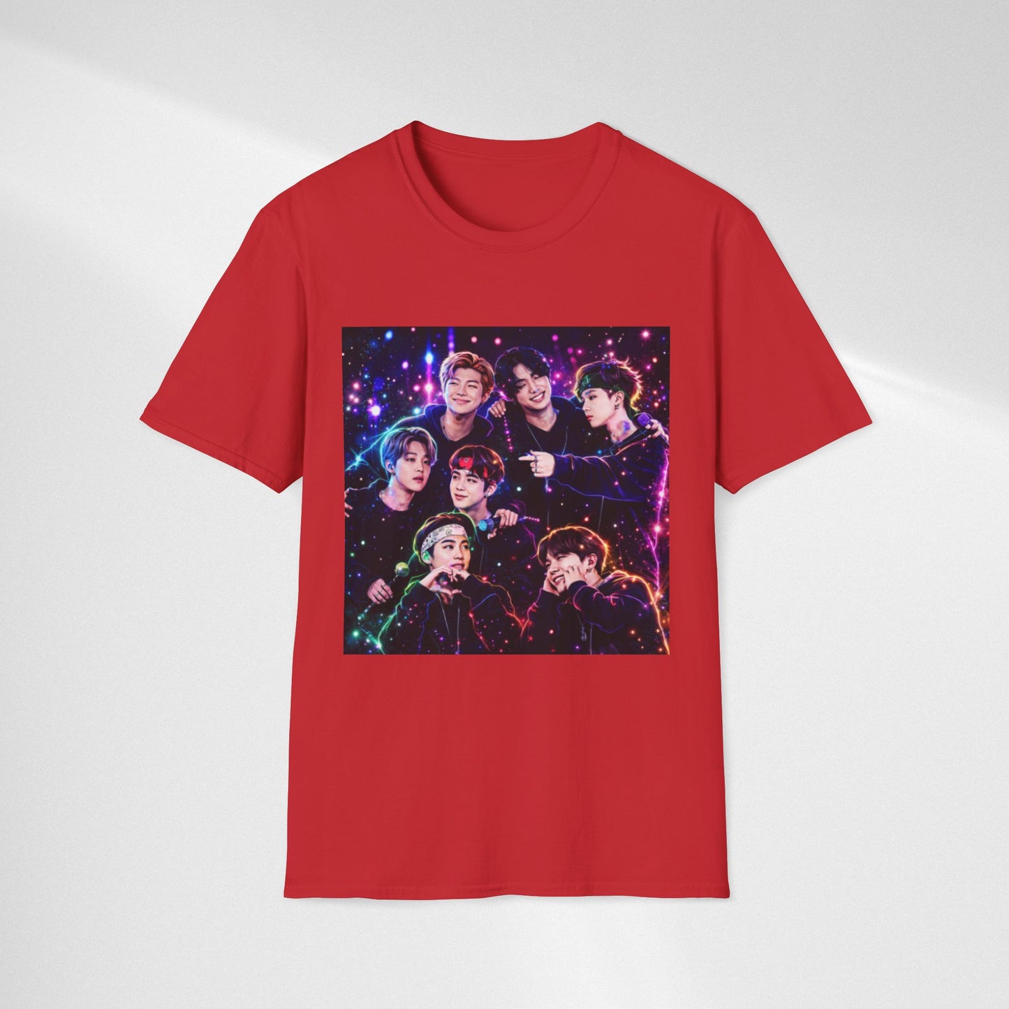 BTS K-Pop Group Photo Tee — Colorful Neon Concert Band Shirt