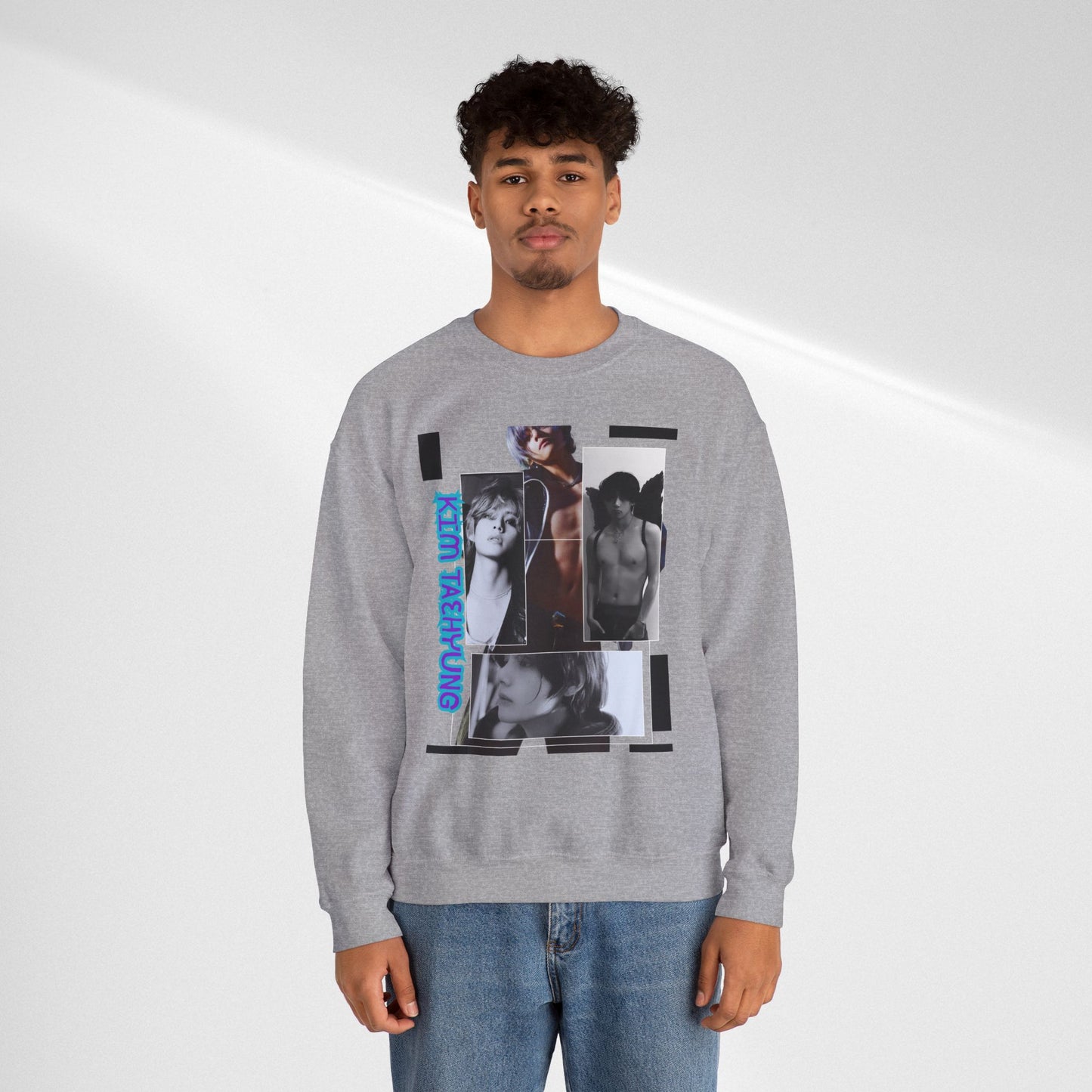 Collage Photo Crewneck Sweatshirt — Retro Portraits with Blue 'KPOP TAEHYUNG' Text