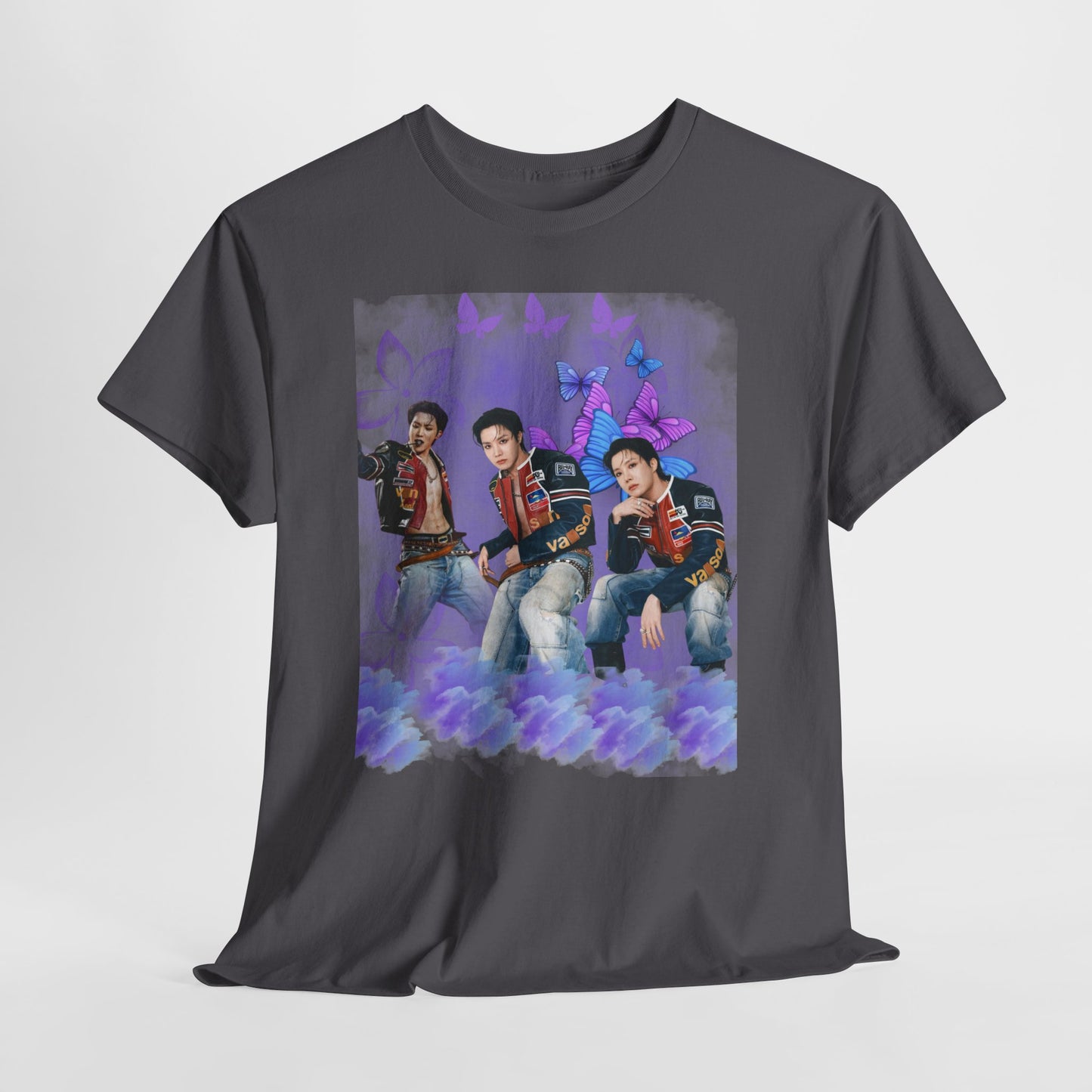 JHOPE Retro Pop Band Portrait Tee — Purple Butterfly Graphic T-Shirt