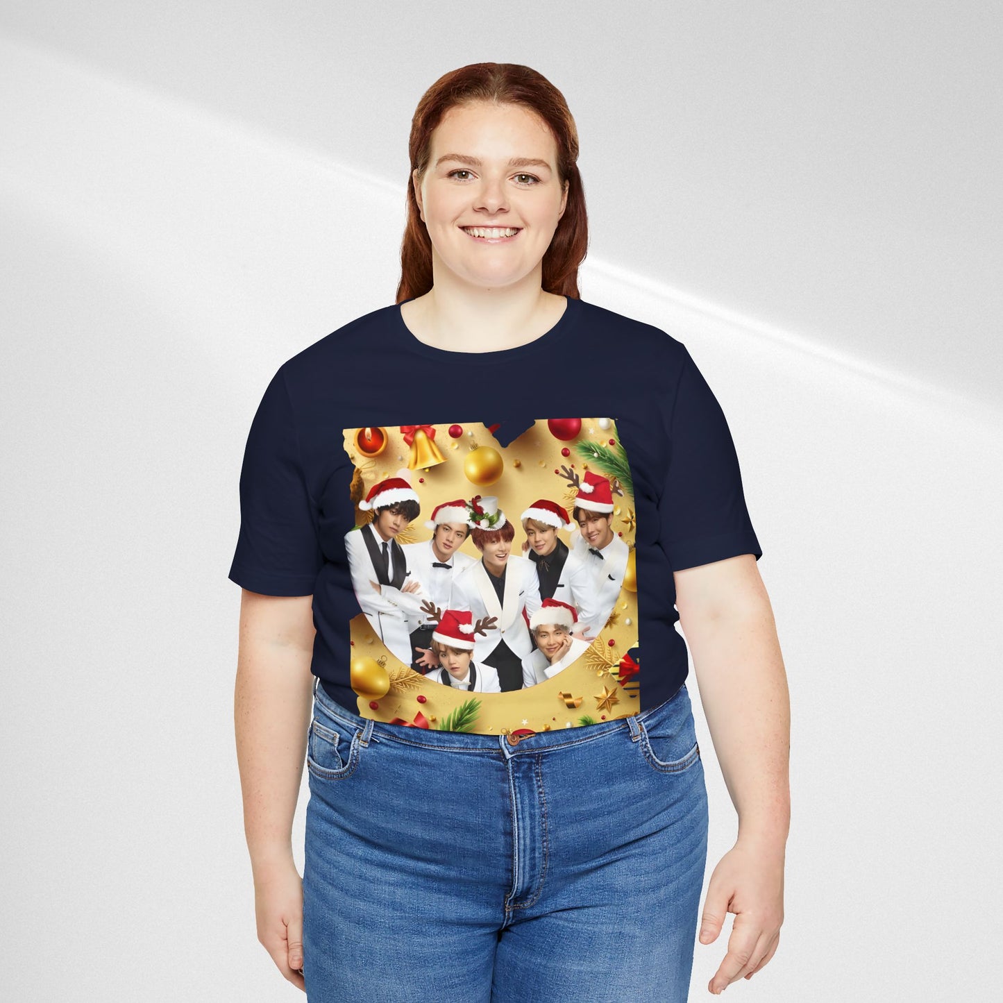 Christmas BTS Photo T‑Shirt — Holiday Santa Hat Group Design