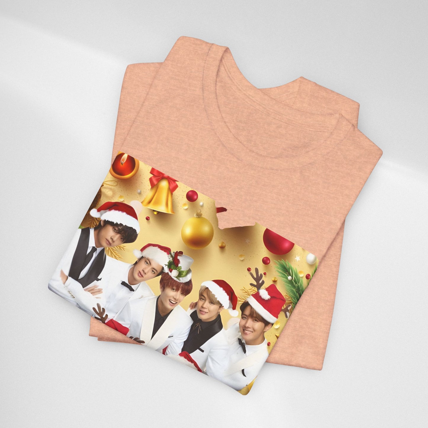 Christmas BTS Photo T‑Shirt — Holiday Santa Hat Group Design