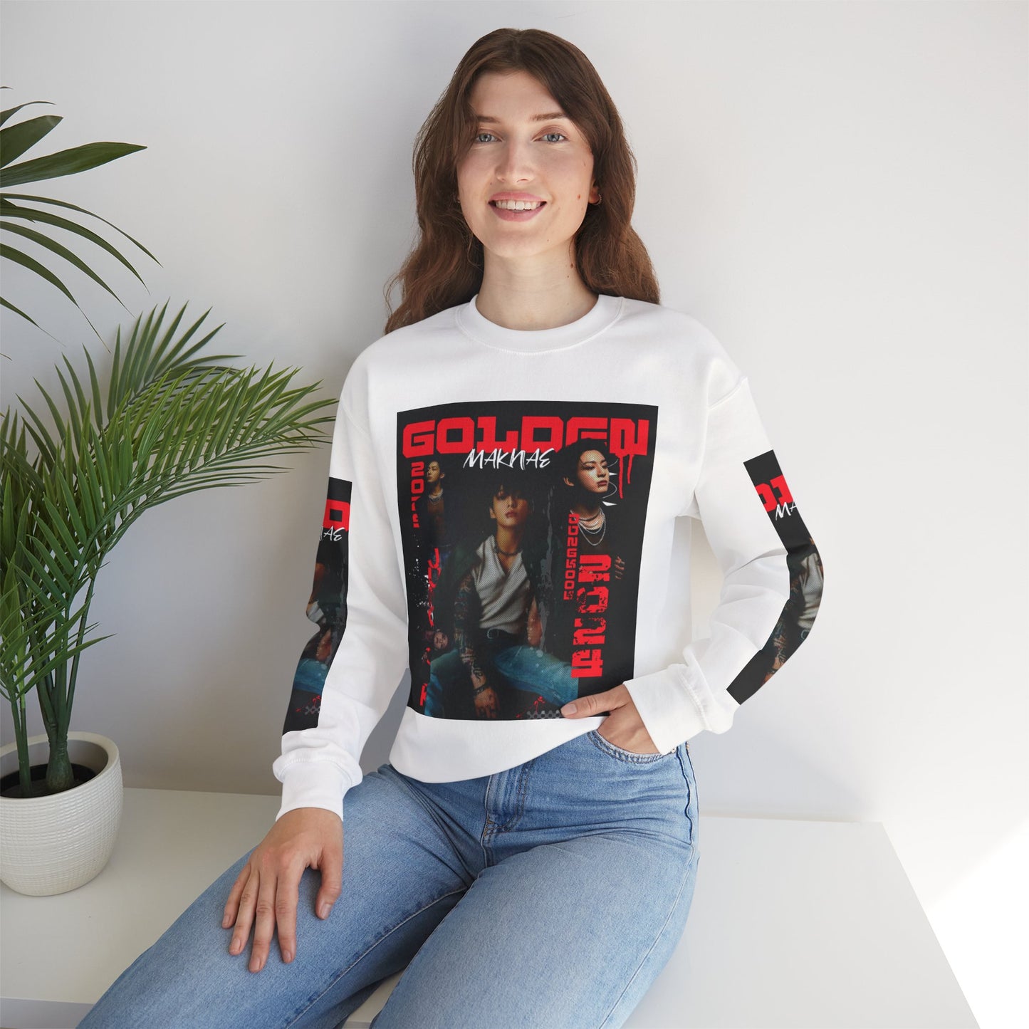 JK Golden Making Crewneck Sweatshirt — Retro K-Pop Photo Graphic